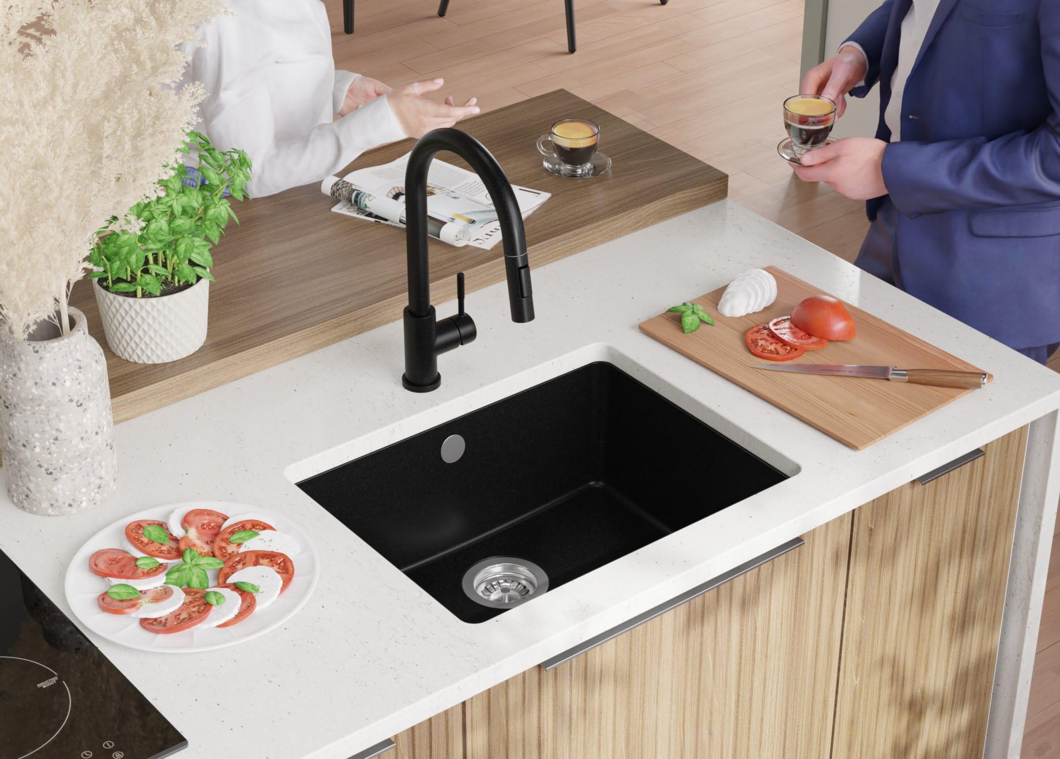 PRIMAGRAN Fregadero bajo Encimera Todo Negro 56x44cm, Cocina 1 Seno + Sifón, Granito al Mueble 60cm - Venecia Easy S067