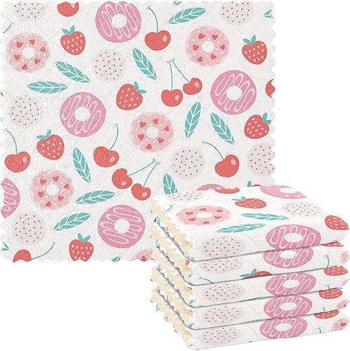 Red Pink Donut Cherry Soft Decor Microfiber Dish Towels Absorbent 6 Pack Microfiber Drying Towel Kitchen for Restaurant Coffee