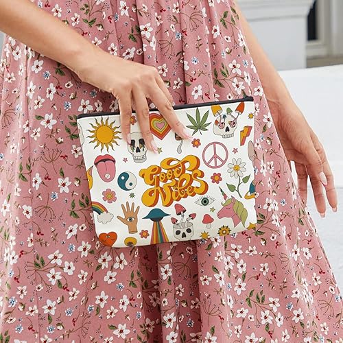 Miniatura 4 de fkovcdy Bolsa de cosméticos retro hippie boho decoración de hongos estética 60's 70's Retro Face Boho Rainbow Good Vibes Frente Cotizaciones Bolsa