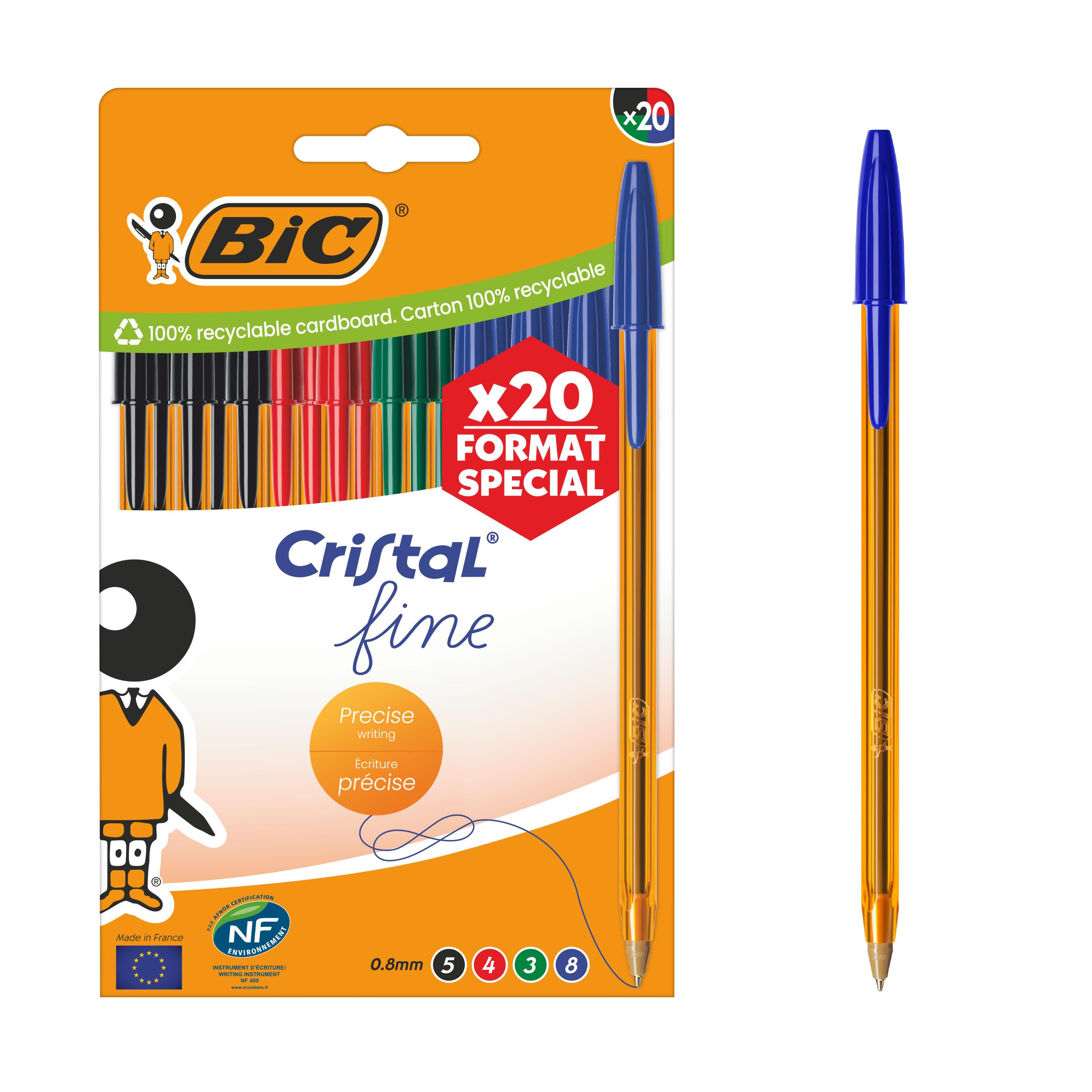 BIC Cristal Original Fine Bolígrafos de Punta Fina (0,8 mm) con Cuerpo Naranja Translúcido - Colores Surtidos, Caja de 20