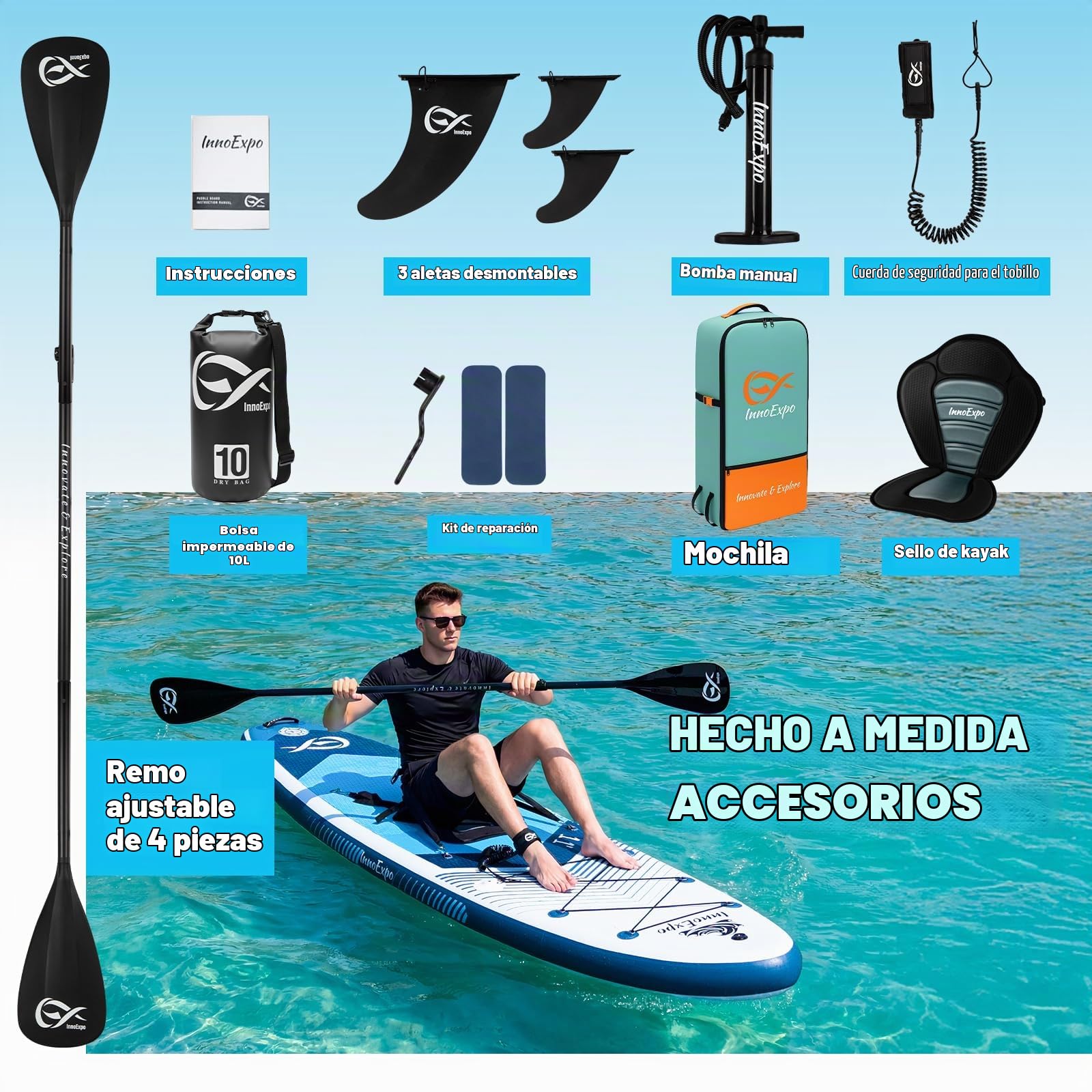 InnoExpo Tablas de remo inflables con accesorios de primera calidad, diseño de tabla de remo SUP ancha y estable, cubierta antideslizante y cómoda para jóvenes y adultos
