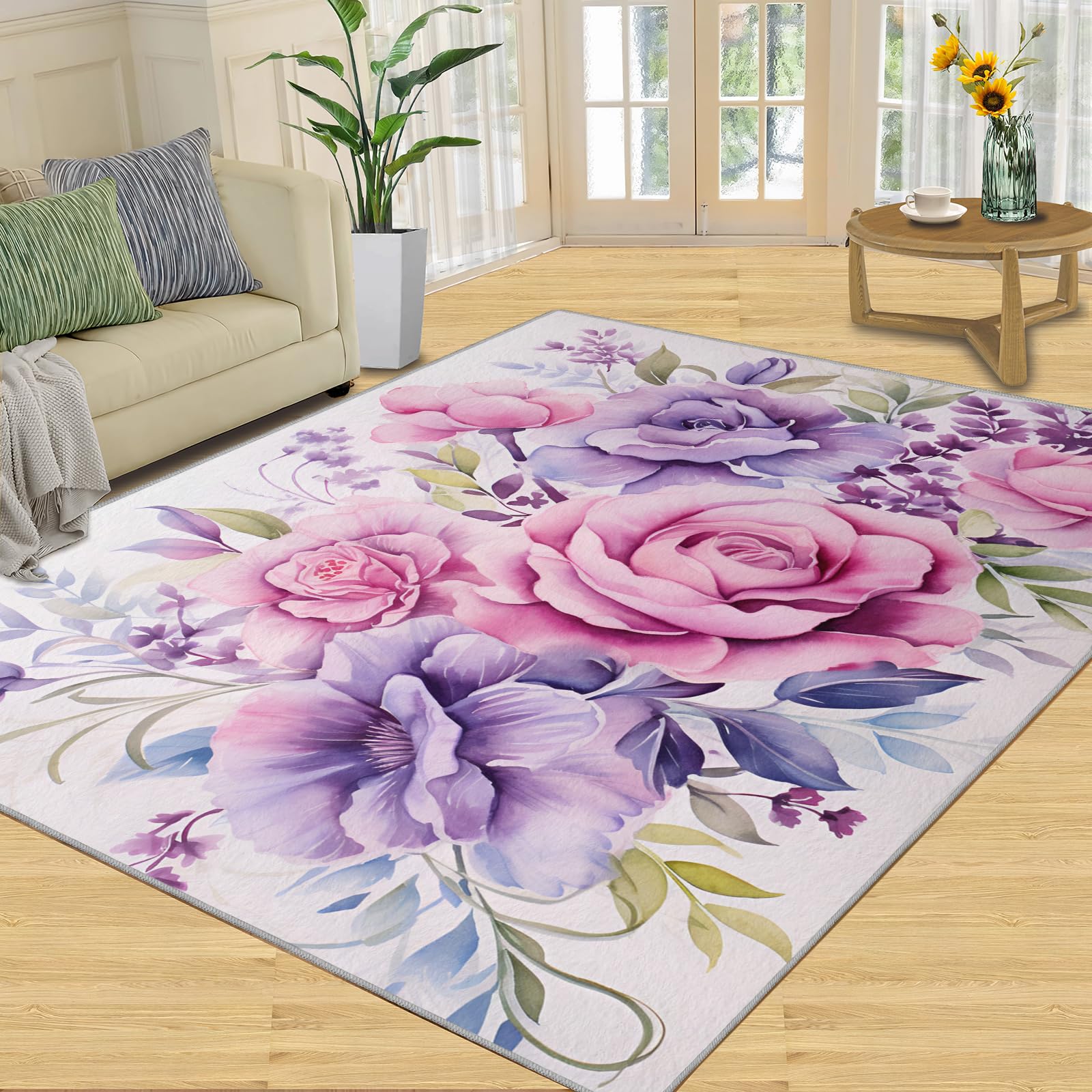 HYGIUID Boho Floral Area Rugs for Living Room - 160 x 200 cm Colourful Flowers Floor Carpet, Warm Pink Flowers Bedroom Carpets Soft Non-slip for Nursery Office Indoor Decor