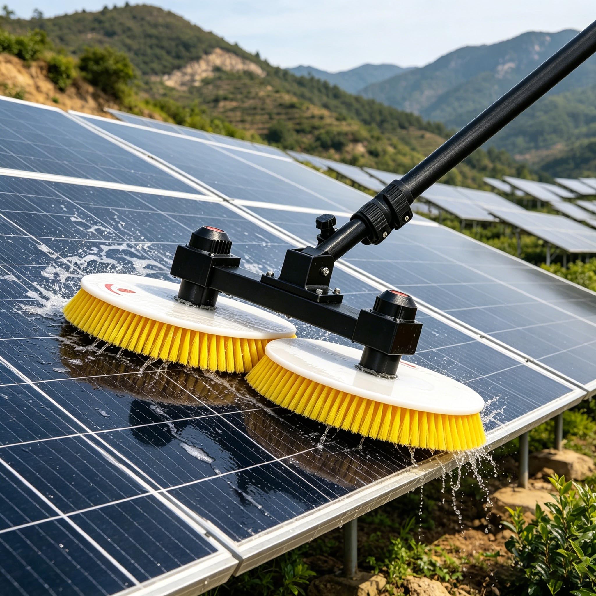 Kit de poste de alimentación de agua – Cepillo de limpieza de panel solar, 300 W de doble disco de 64 cm, ajustable de 5,5 m/7,5 m para limpiar paneles, ventanas, caravanas, carteles