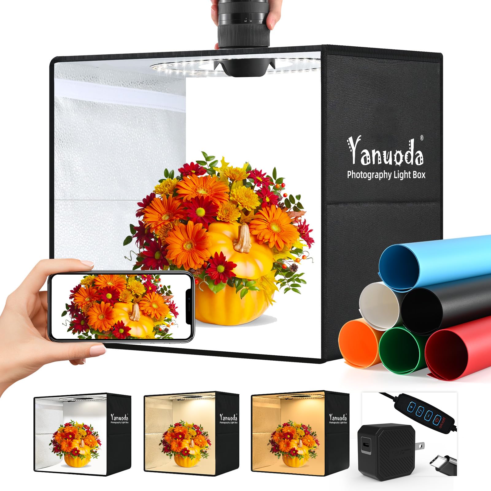 Yanuoda 16"x16"x16" Photo Studio Light Box Photography with 180 LEDs (CRI>95), 6 Backdrops - Portable/Dimmable/Versatile Folding Shooting Tents for Toys/Jewelry/Watches/Cosmetics Photography