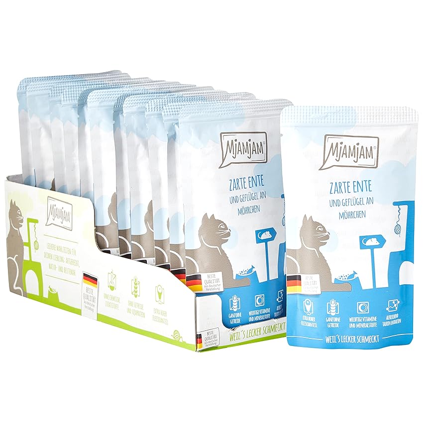 MjAMjAM - cibo umido premium per gatti - Quetschie - tenera anatra e pollame con deliziose carote, confezione da 12 (12 x 125 g), senza cereali con carne extra