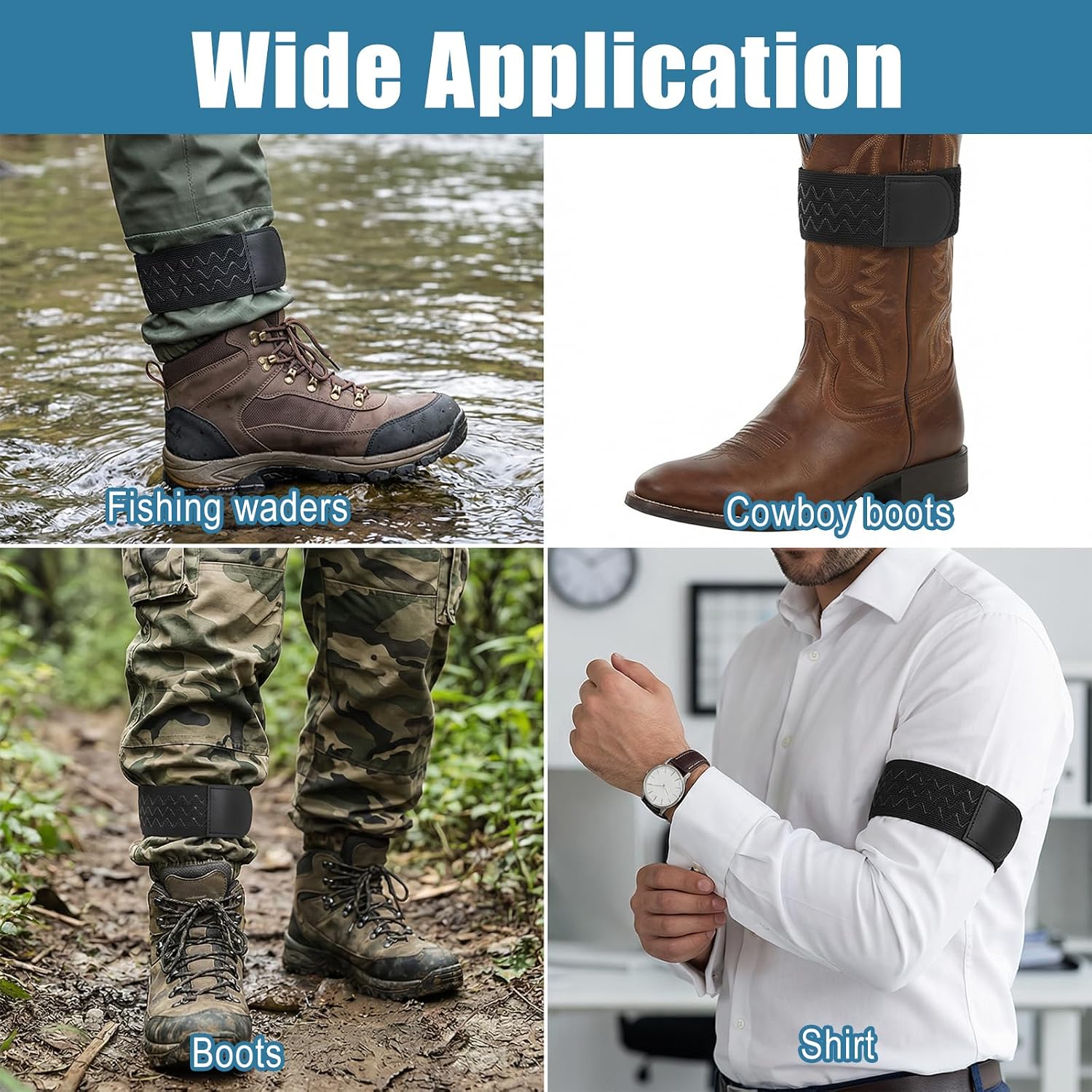 2 Pcs Elastic Boot Straps,Cowboy Boot Straps Pant Leg Strap with Anti-Slip Strips Adjustable Boots Wraps for Cowboy Boots for Cycling Hiking Fishing Skiing(Black)