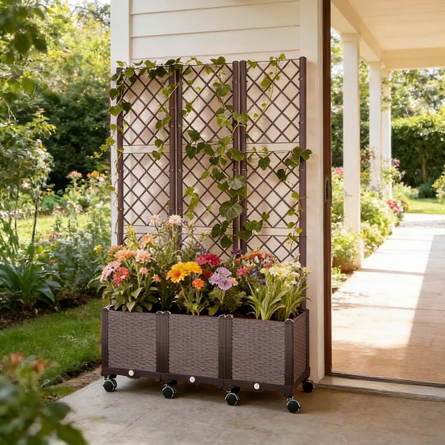 Jardinera elevada con Celosía y Autoriego, Cama de Jardín con 3 Maceteros y 8 Ruedas, Enrejado Soporte para Plantas Trepadoras, Verduras, Flores y Pantalla de Privacidad