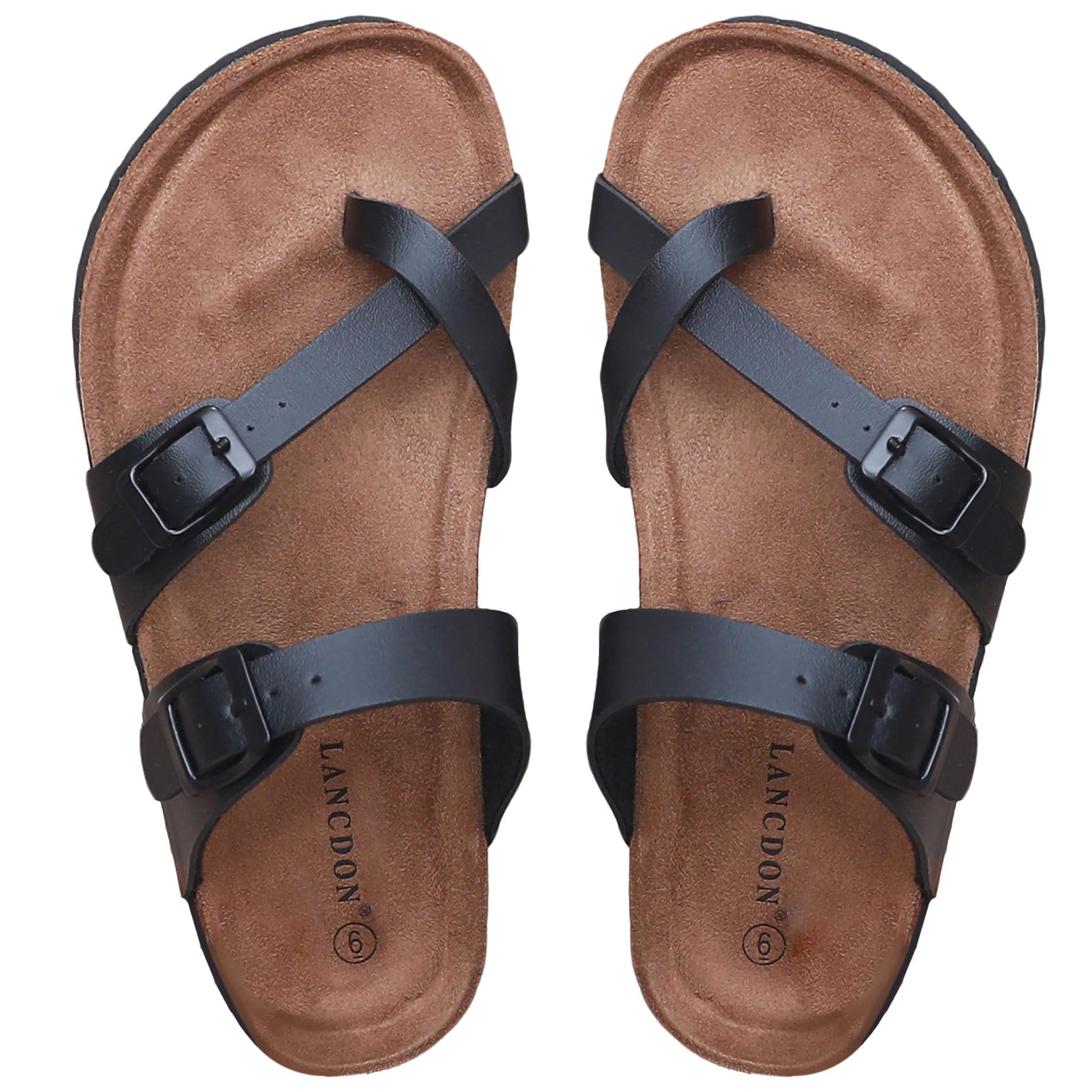 LANCDON Women's Sandals Comfort Slides with Adjustable Buckle,Cork Footbed Sandals,Outdoor Beach Sandals