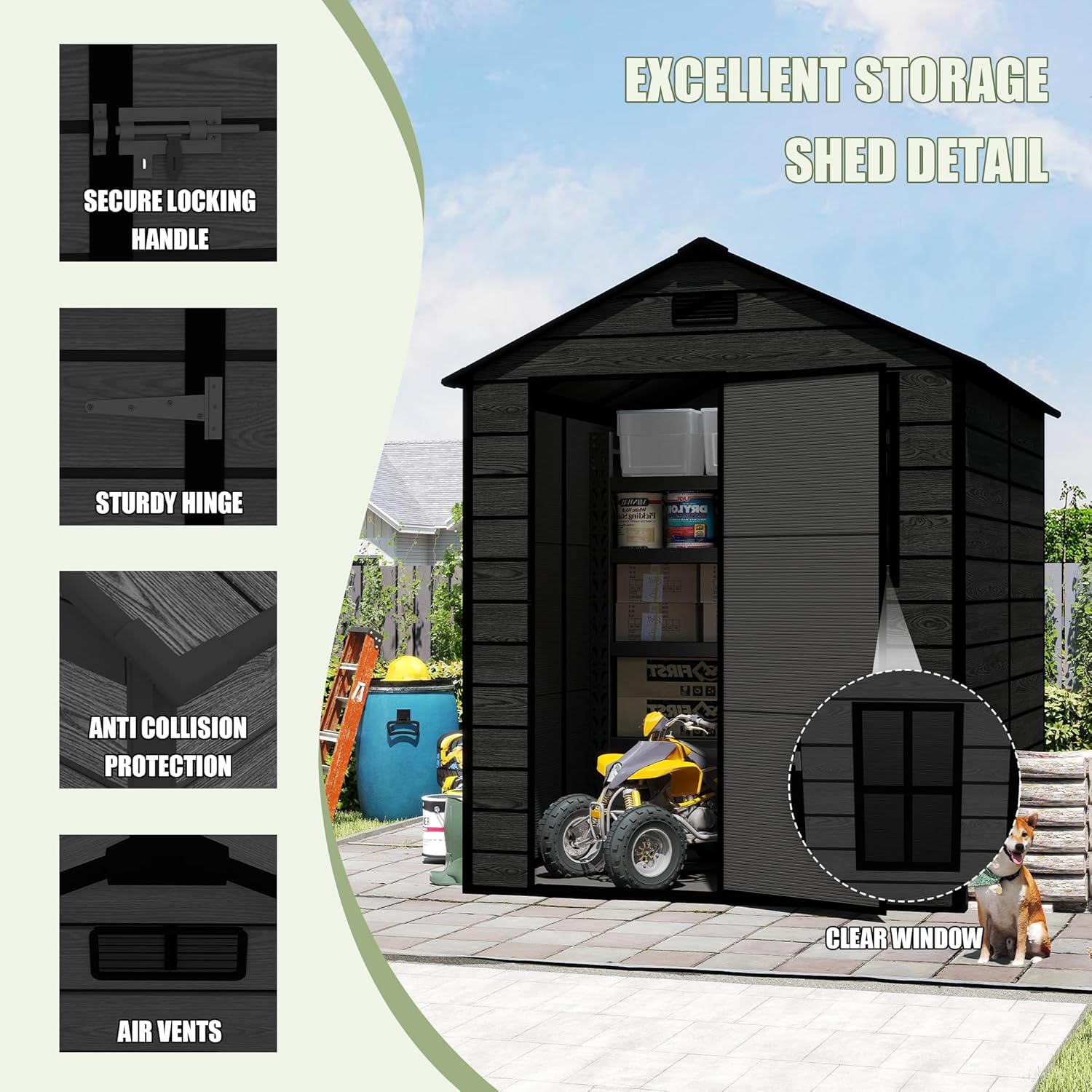 Plastic Storage Shed 6x6 Ft, Resin Outdoor Storage Shed, Garden Tool Sheds Weatherproof for Store Patio Furniture, Garden Tools Bike Accessories, Beach Chairs and Lawn Mower, Black Wood Grain