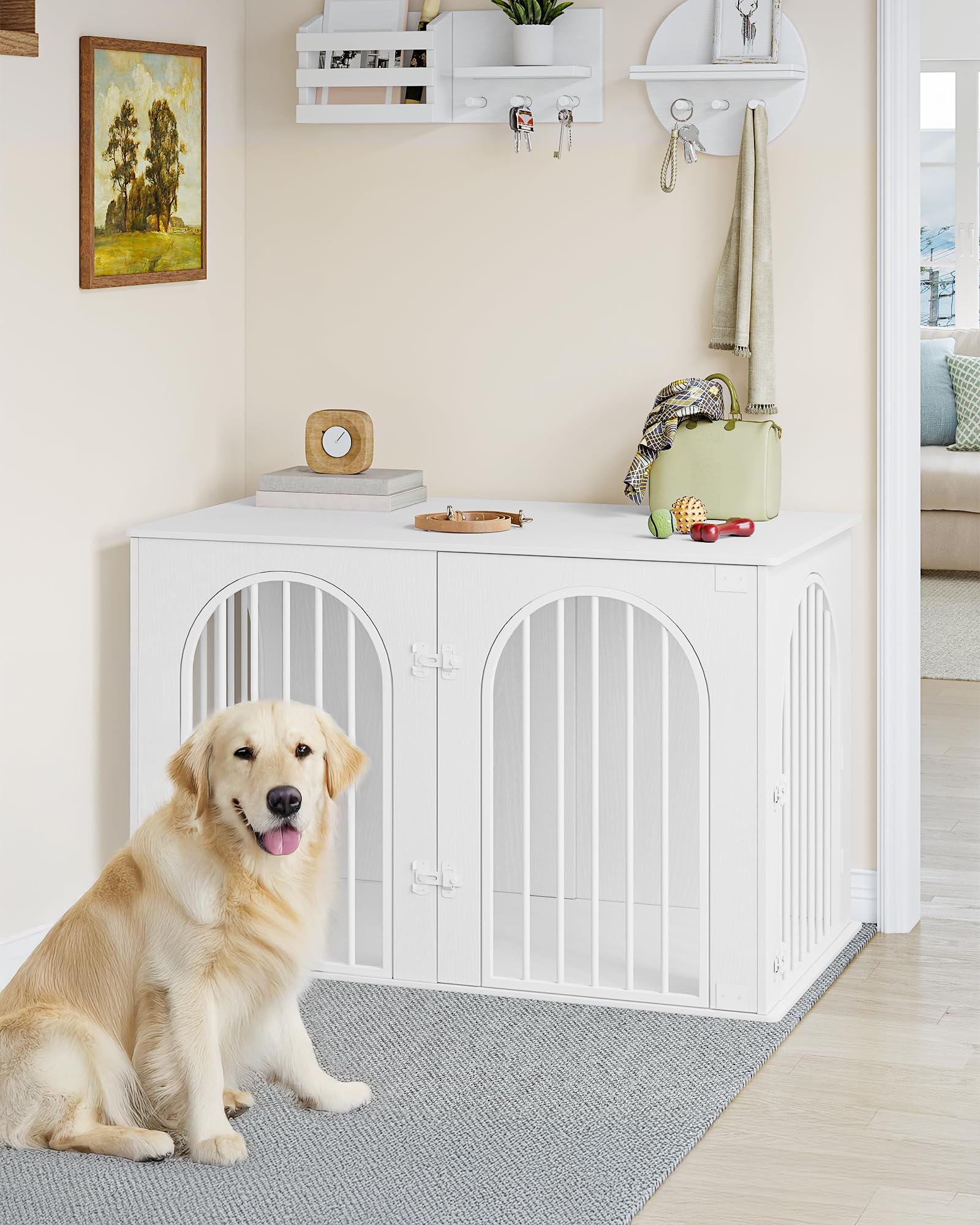 Hzuaneri 108 cm Jaula para Perros, Mesa Auxiliar, Casa Moderna para Perros, Jaula Perro Grande para Casa de Madera, Dúplex para Animales, 3 Puertas, Puerta Arqueada, 64 x 108 x 76 cm, Blanco