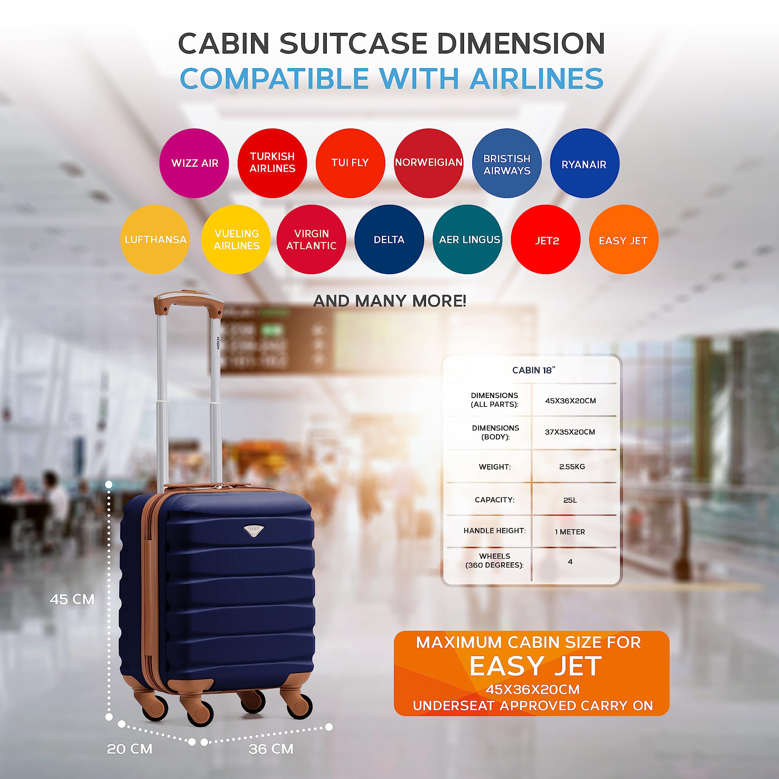 Flight Knight EasyJet Cabin Bag 45x36x20, Underseat, Lightweight Small Durable 4 Wheel Cabin Suitcase, Maximum Carry-On Size, ABS Hard Shell, 10kg Hand Luggage Bag- 45 x 36 x 20 cm Travel Bag