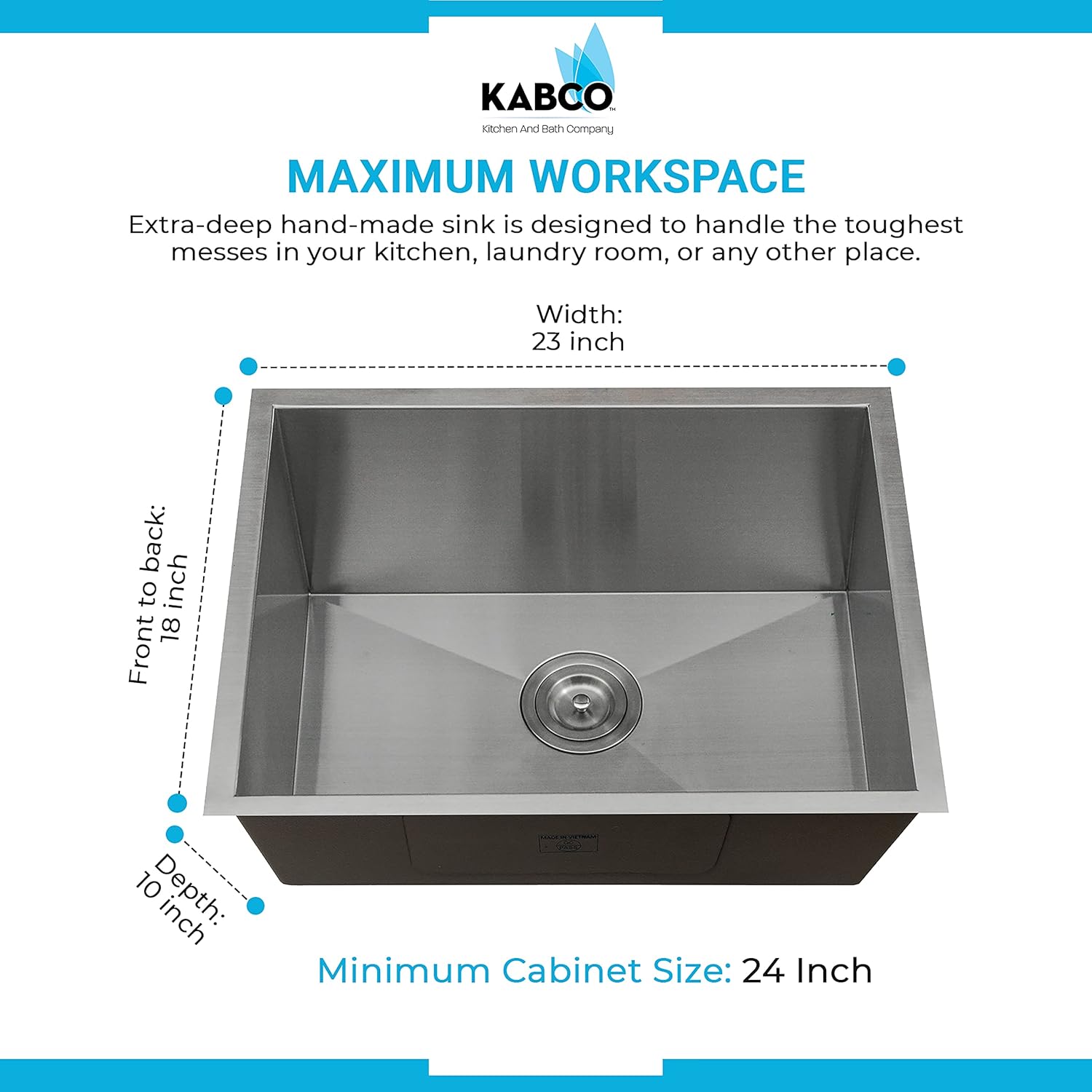 KABCO 23 Inch Single Bowl Stainless Steel Handmade Kitchen Sink, Laser Cut Rust Resistant Sound and Heatproof 16 Gauge Undermount Sink with Sink Strainer, Sink Grid and a Rolling Up Grid