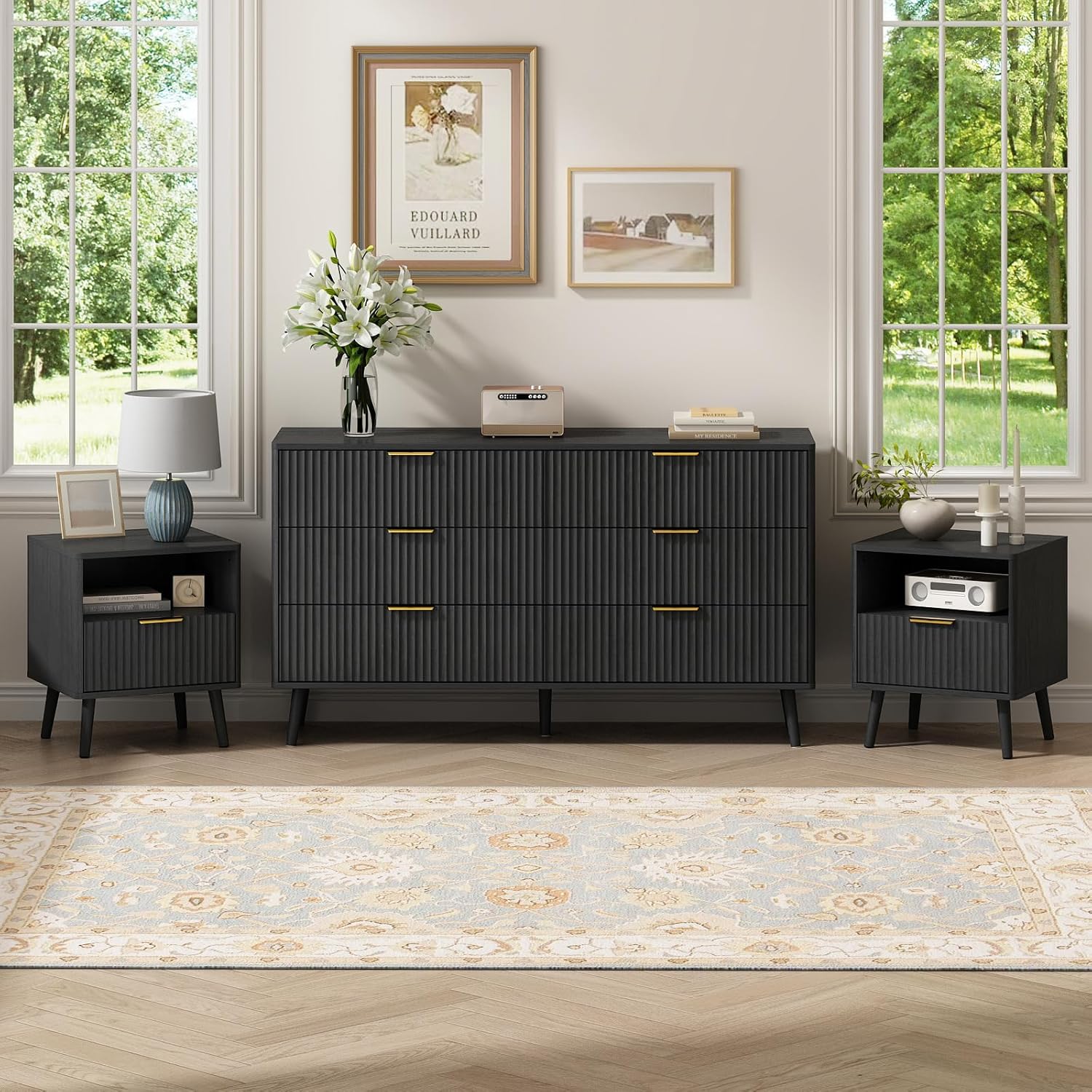 CARPETNAL Fluted Dresser and Nightstand Sets for Bedroom, 3 Pcs Bedroom Set, 6-Drawer Dresser & 1-Drawer Nightstand Set of 2, Modern Wood Chest of Drawers for Living Room, Entryway, Black