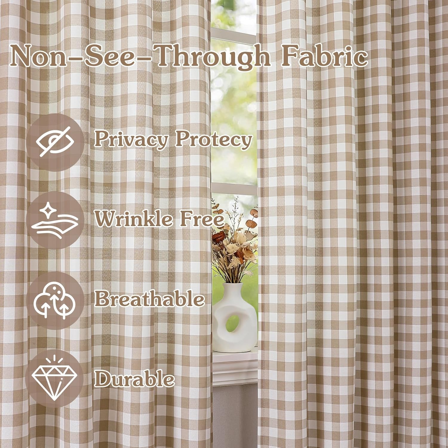 WUBODTI Beige White Buffalo Plaid Light Filtering Curtains 63 Inches Long 2 Panels, Rod Pocket Tan Check Non See Through Privacy Window Curtain Farmhouse Gingham Drapes for Bedroom Kids Room