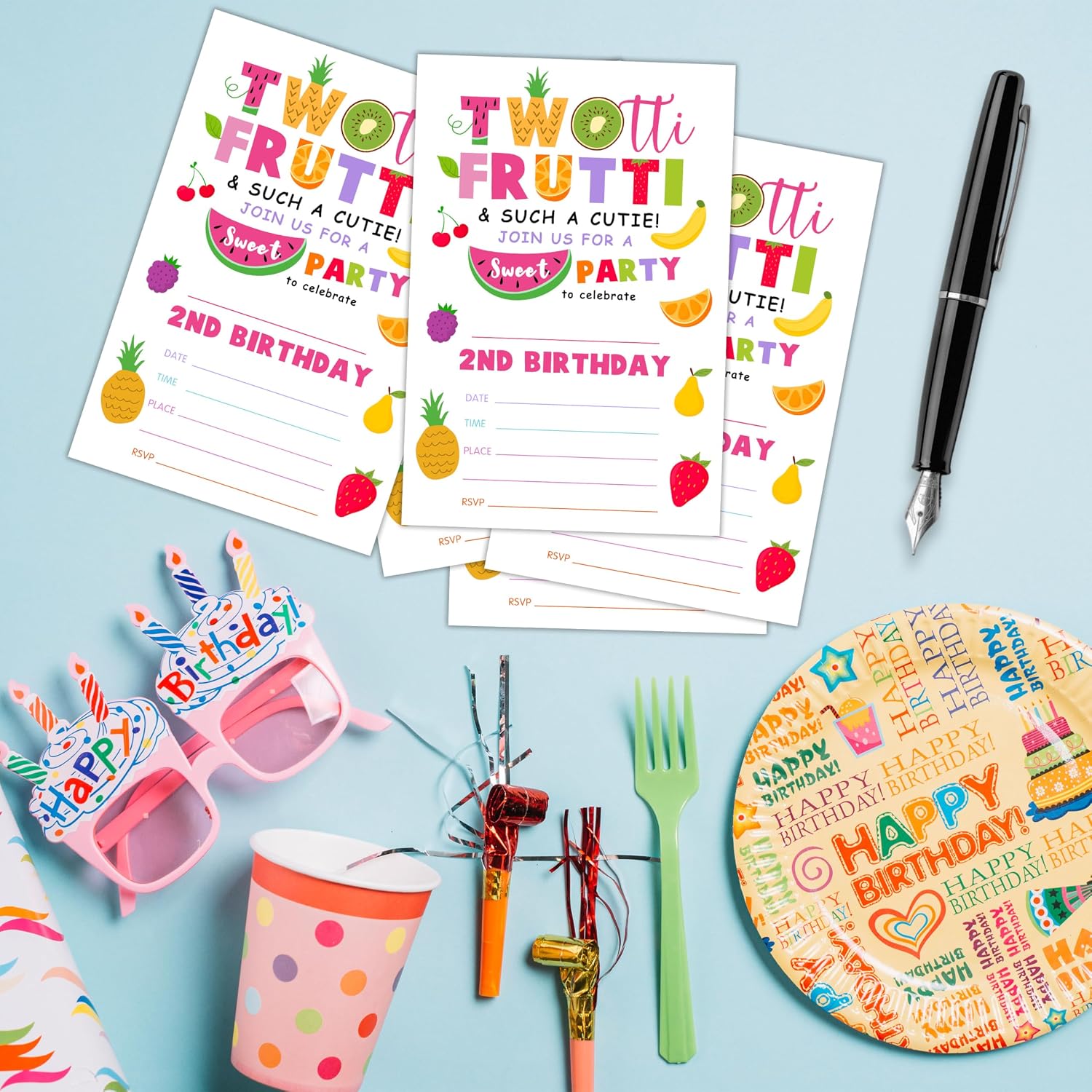 Birthday Invitations for Girls Boys - Tutti Frutti 2th Bday Invites with Envelopes(25-Count) - Turning 2 Fill-in Invite Cards for Party Supplies Favors Decorations - F17