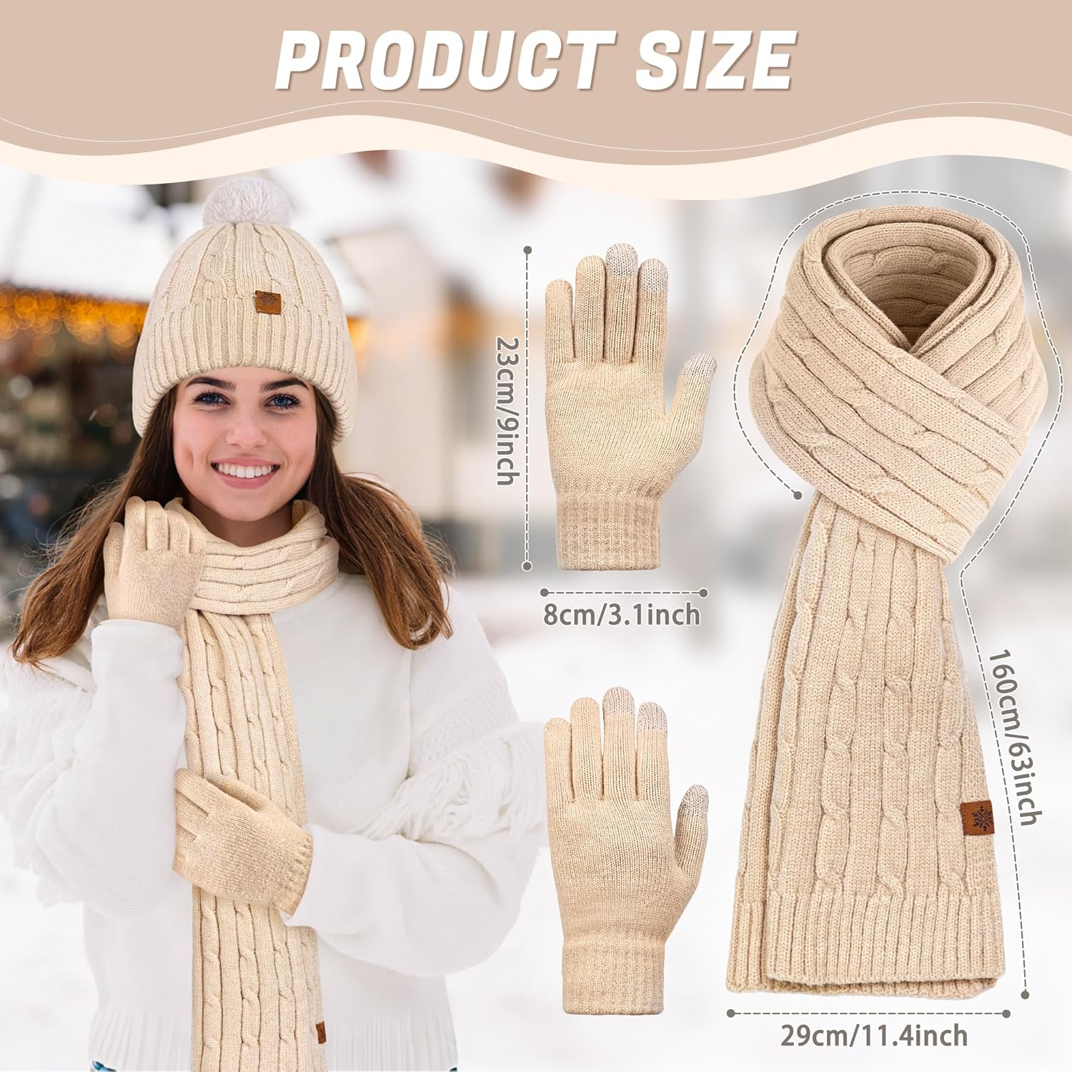 Winter Hat Scarf Gloves Set, Warm Knit Beanie Hat with Pom Pom Touch Screen Gloves for Women - Image 4