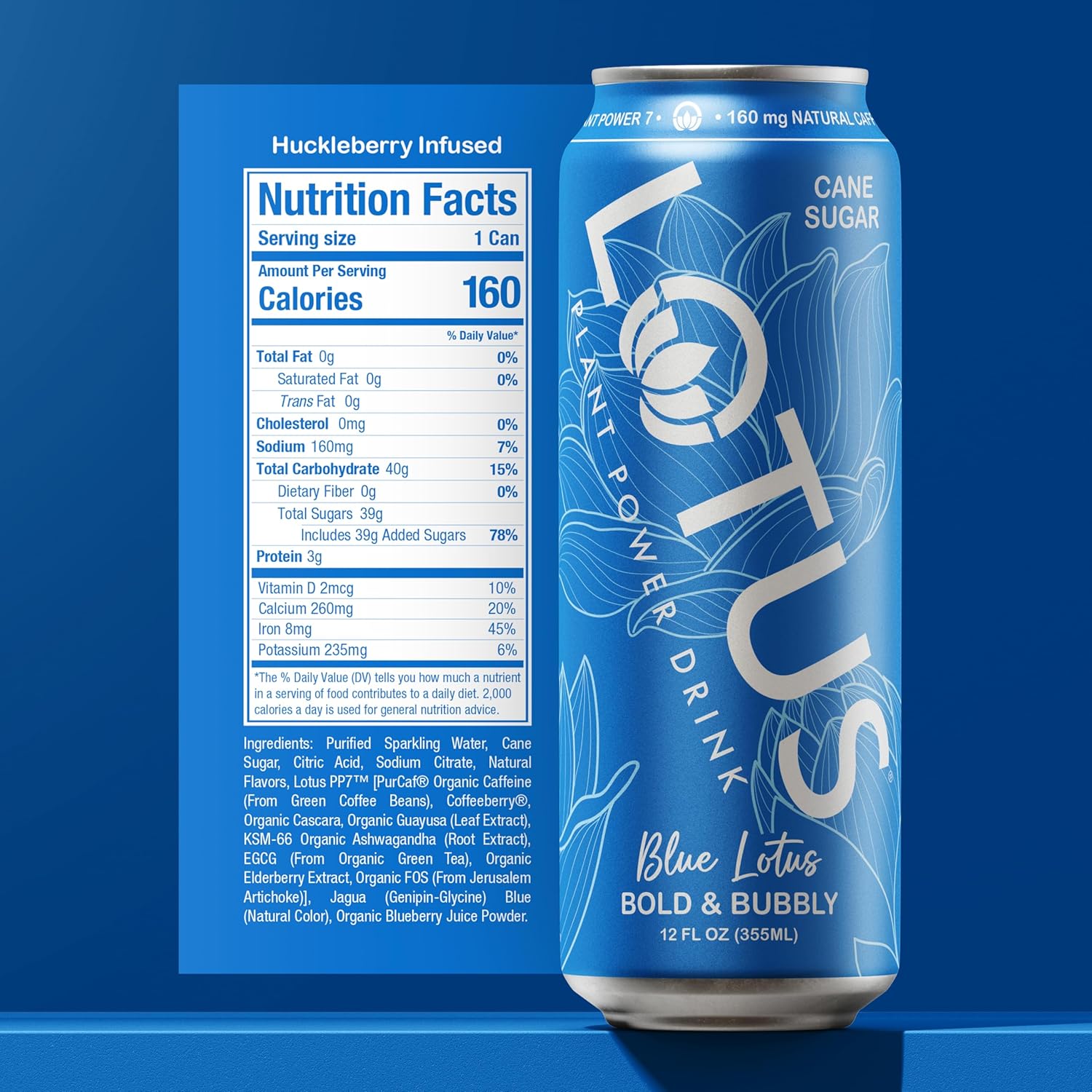 Blue Lotus Plant Power Drink™ | Pure Cane Sugar | 160 mg Natural Caffeine from Green Coffee Bean | Plant-Based Ingredients | 12 oz Cans | 12 Count