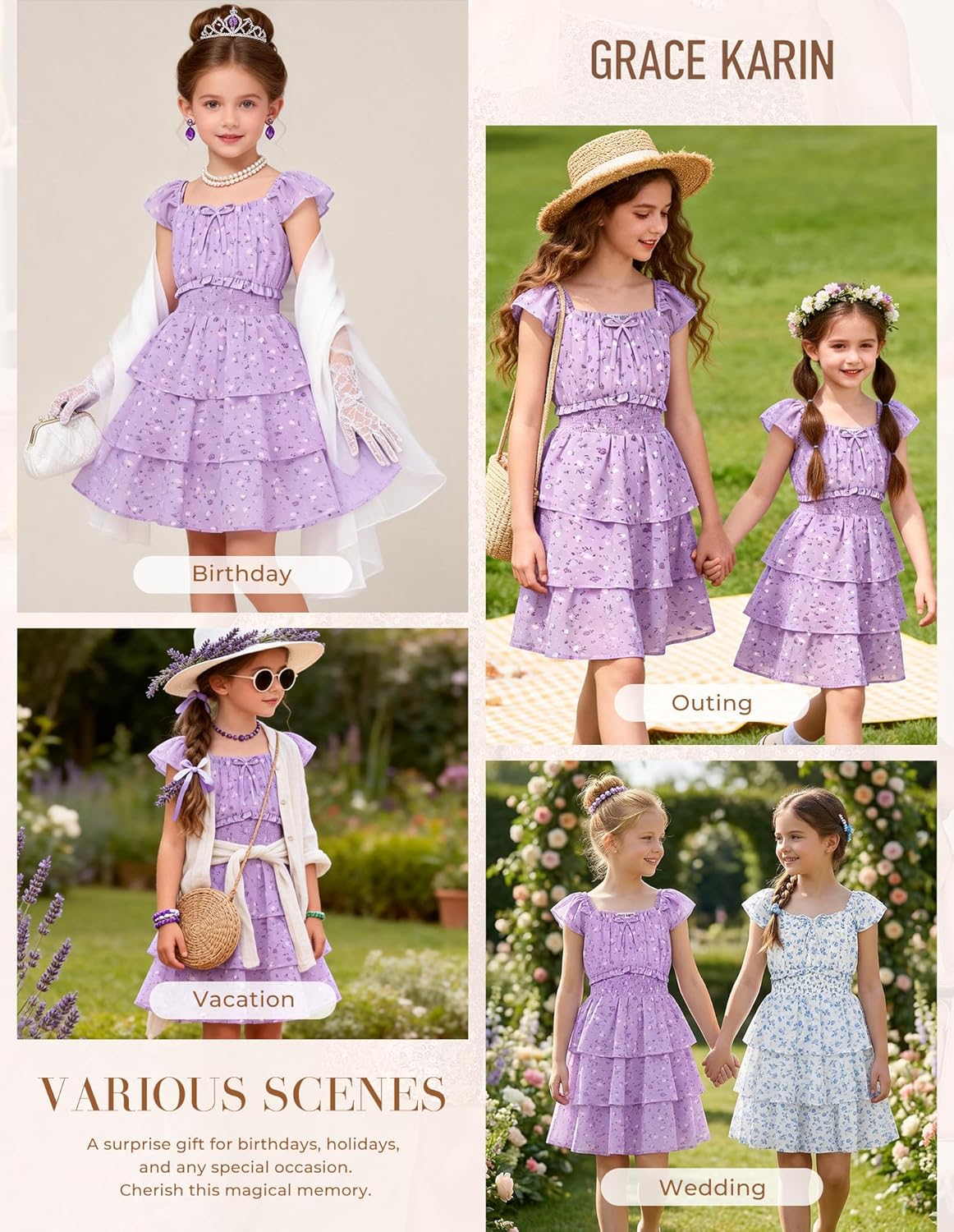 GRACE KARIN Girls Spring Summer Floral Dress Teen Ruffle Smocked 3 Layerr Dresses Kids Cute Boho Easter Clothes Size 7-14 - Image 2