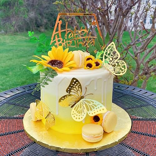 Miniatura 3 de 18 adornos para tartas de girasol, decoración de pastel de girasol con girasoles, hojas de palma doradas y hojas de eucalipto para fiestas de