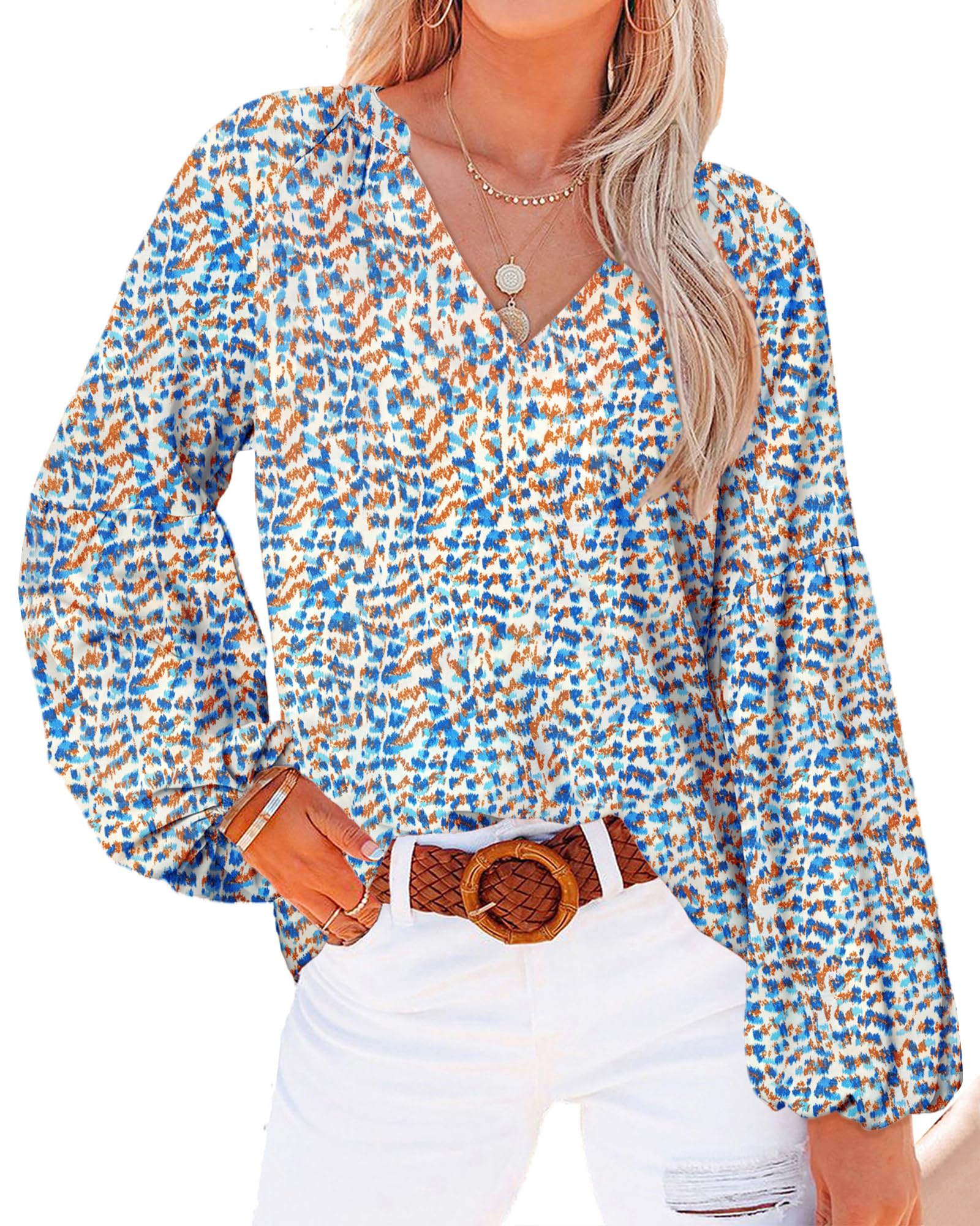 BTFBM Blouses for Women Dressy Casual Floral Summer Boho Tops V Neck Lightweight Long Sleeve Shirts Spring Clothes 2026