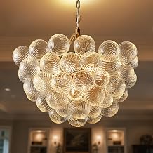 24" Gold & Clear Glass Pendant Light, Handcrafted Blown Glass Shade, Elegant Vintage Industrial Ceiling Light for Dining Room, Bedroom, or Study
