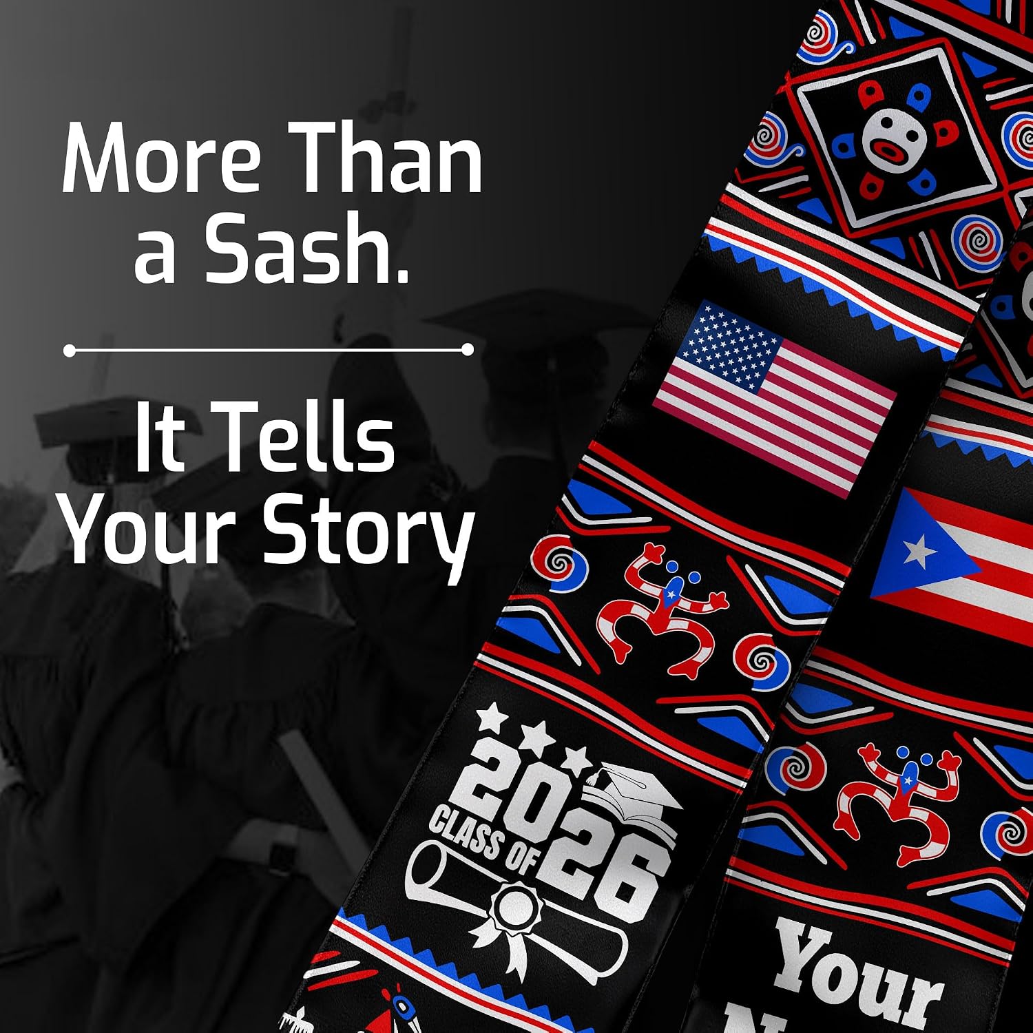 Puerto Ricans Graduation Sash, Custom Puerto Rico American Flag Sash 2026, Puerto Rico Graduation Stole