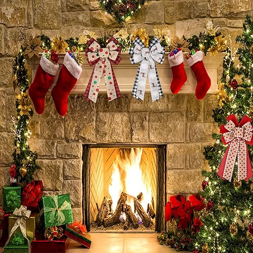 Miniatura 3 de Lucleag 4 lazos de corona de Navidad, 7.9 x 13.0 pulgadas, lazo de Navidad de lino con copos de nieve a cuadros grandes para decoración de Navidad,