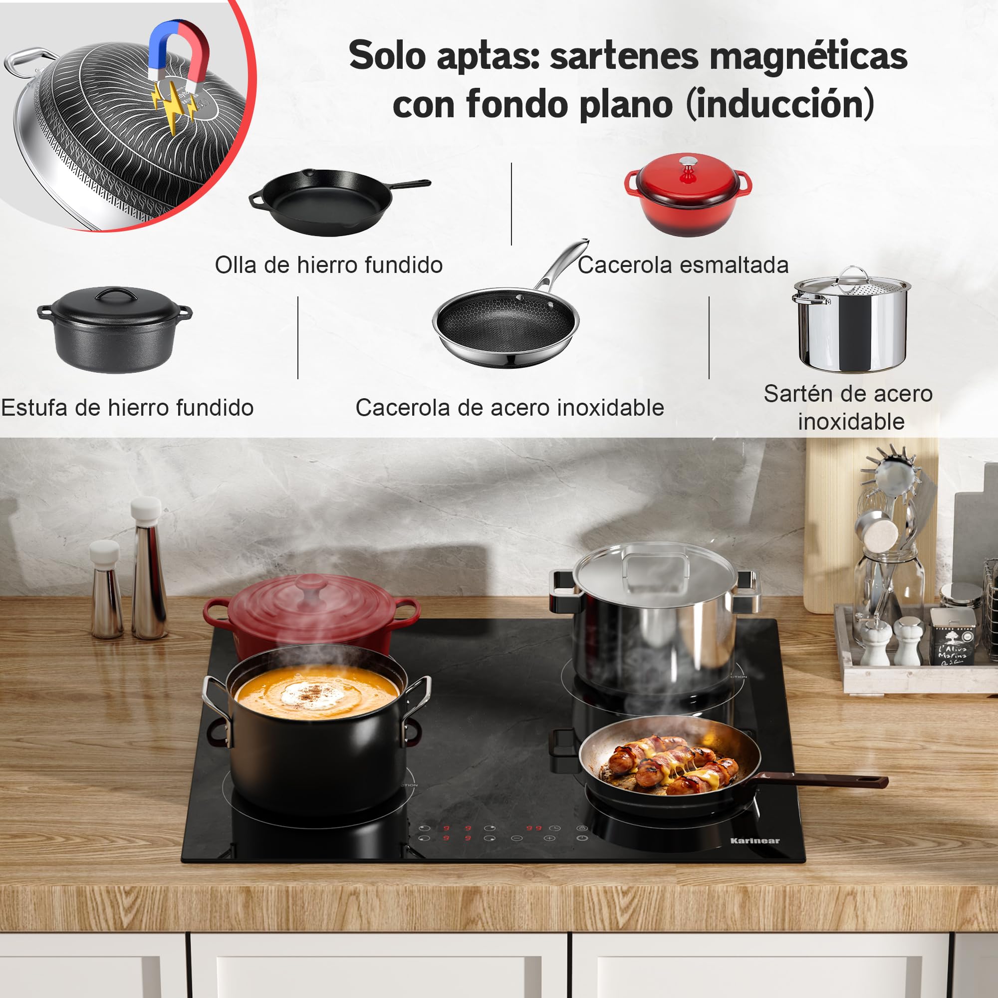 Karinear Placa de Induccion 4 Fuegos 60 CM con Enchufe, Inducción 3500 W