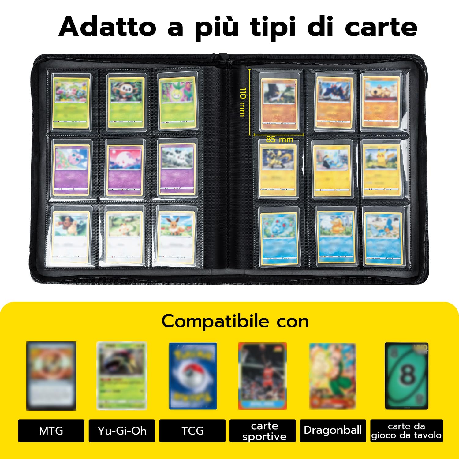 Raccoglitore Toploader,Album 9 tasche con 216 scomparti per Carte da Collezionabili con 10 Toploader, Libro Porta Carte per Carte Toploader 3"x4", Magic, YuGi Oh, MTG