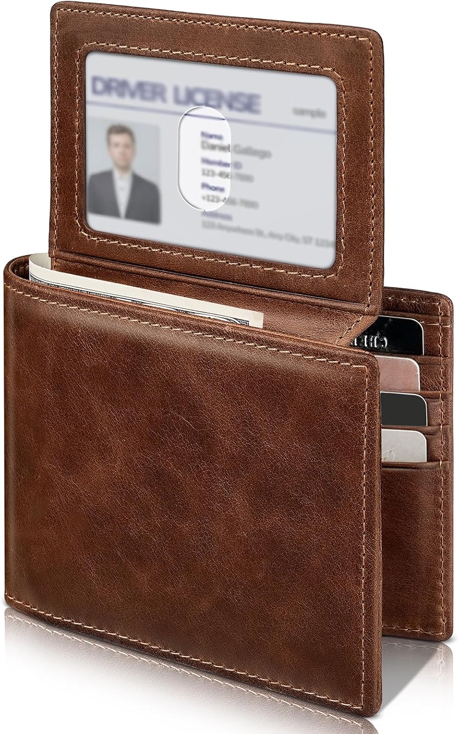 Mens Wallet Genuine Leather Bifold RFID Blocking Wallet for Men with 2 ID Windows 12 Card Holders 2 cash pockets 1 Gift Box - Image 9
