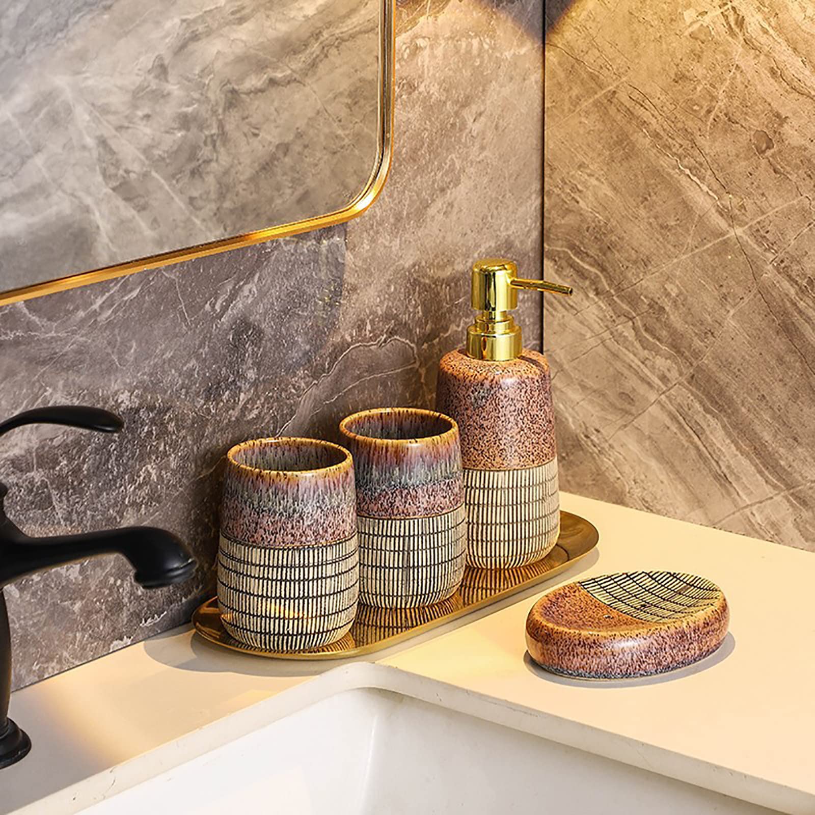 Juegos de Accesorios de baño, Acesorios Cuartos de Baño 4 Piezas con Dispensador Jabon Baño, Jabonera Baño, Porta Cepillo de Dientes, Bandeja, para Champú Cerámica Antiguo