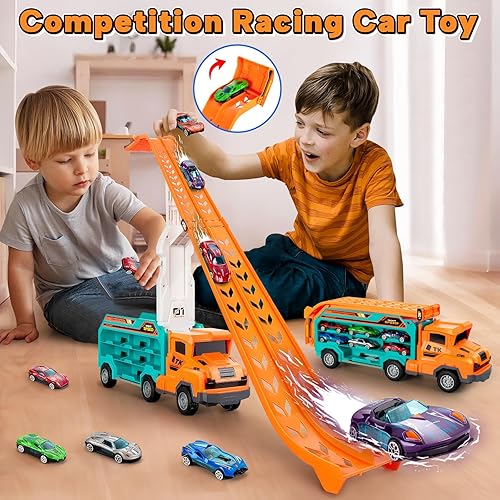 Miniatura 6 de BainGesk Camión transportador de juguetes para niños de 2, 3, 4, 5, 6 años, 2.8 pies, coches de transporte con 6 autos de juguete de metal fundido a