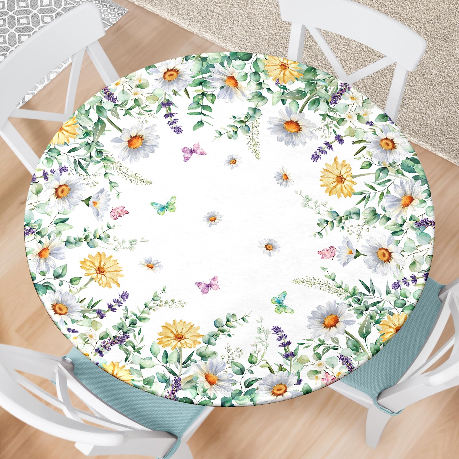 Kamoor Floral Round Fitted Tablecloth with Elastic Edge Eucalyptus Leaves Daisy Pattern, 44" Round, Green, Polyester, Waterproof, Perfect for Picnic,