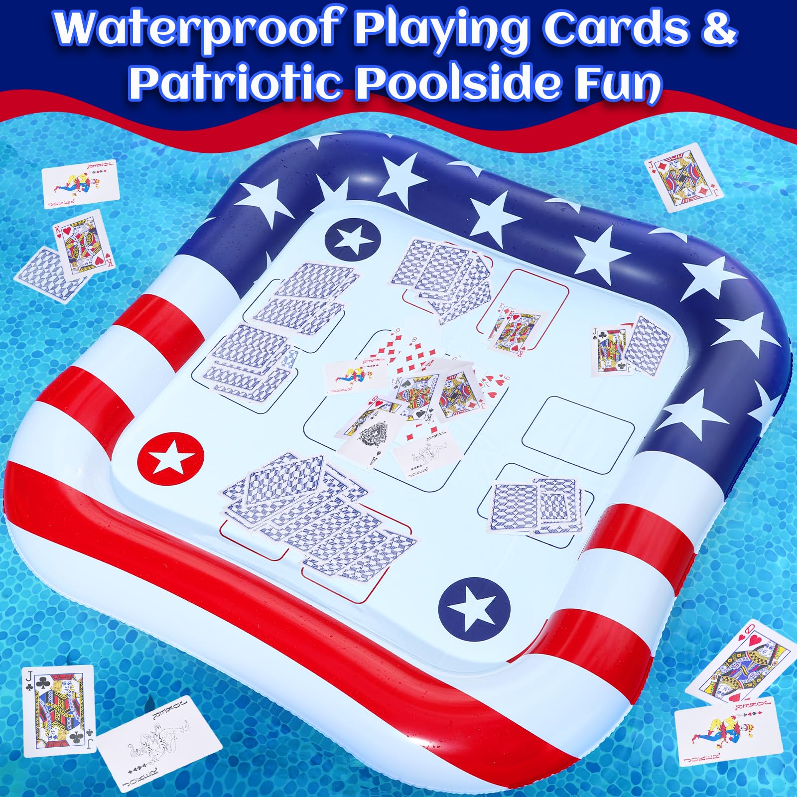 2 in 1 Patriotic Inflatable Ice Serving Trays Cooler & Adult Pool Game Table Include Waterproof Playing Cards for 4th of July Party, Large Floating Game Table,Food Drink Holder Cooler,Pool Accessories
