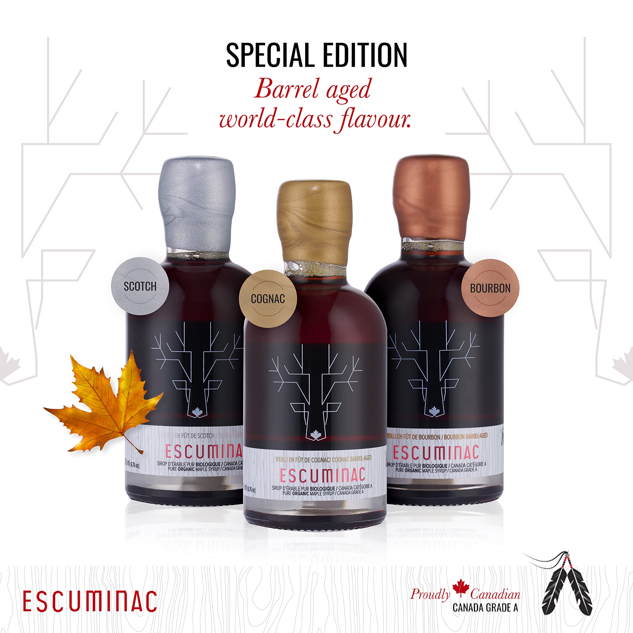 Escuminac Sirop d’Érable. Format 3x200 ml Vieilli en Fût de Cognac, Bourbon et Scotch. Boitier Cadeau. Certifié Biologique. Embouteillé au Domaine.