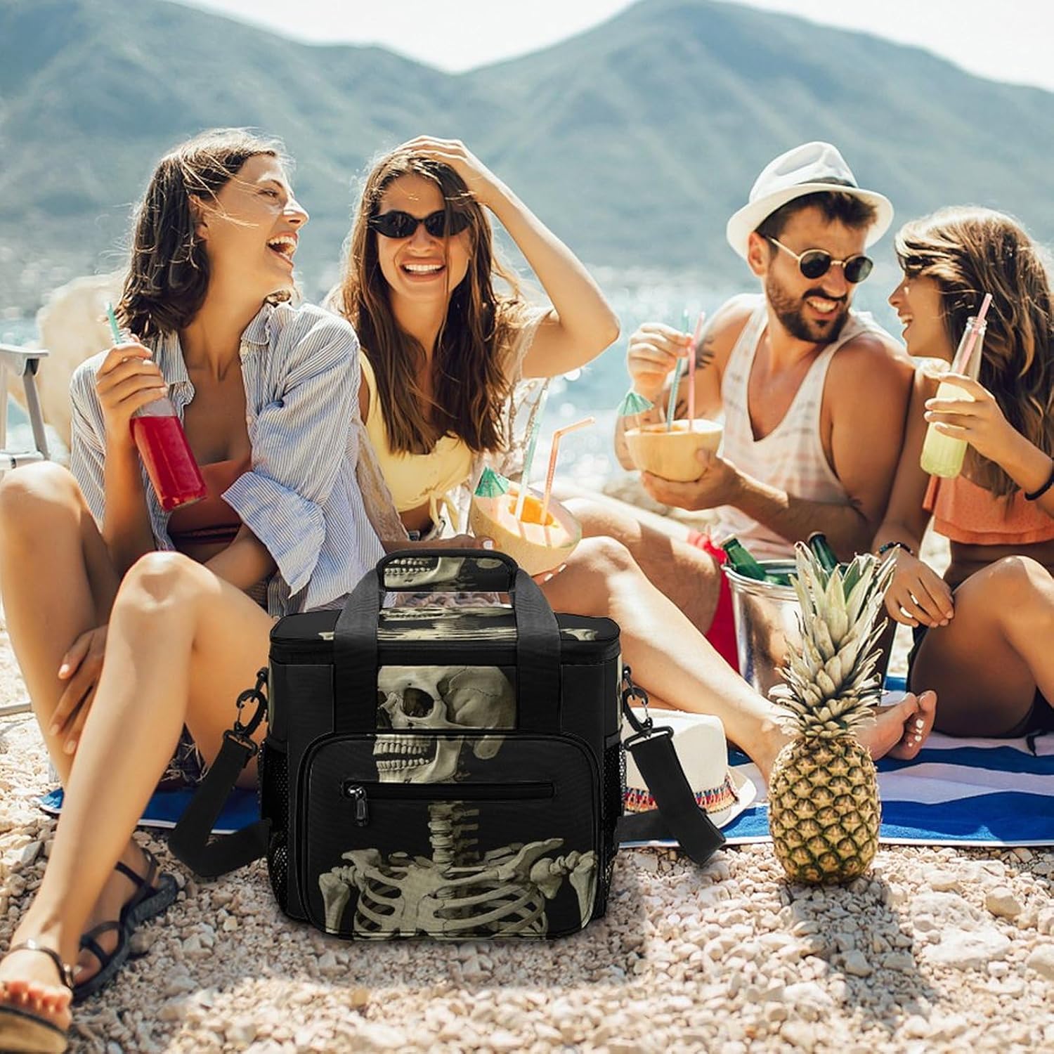 Camping Ice Pack, A Skeleton Print Cooler Bag, 22.5L Large Capacity Insulated Lunch Tote Bag for Outdoor, Picnic, BBQ, Travel, Work