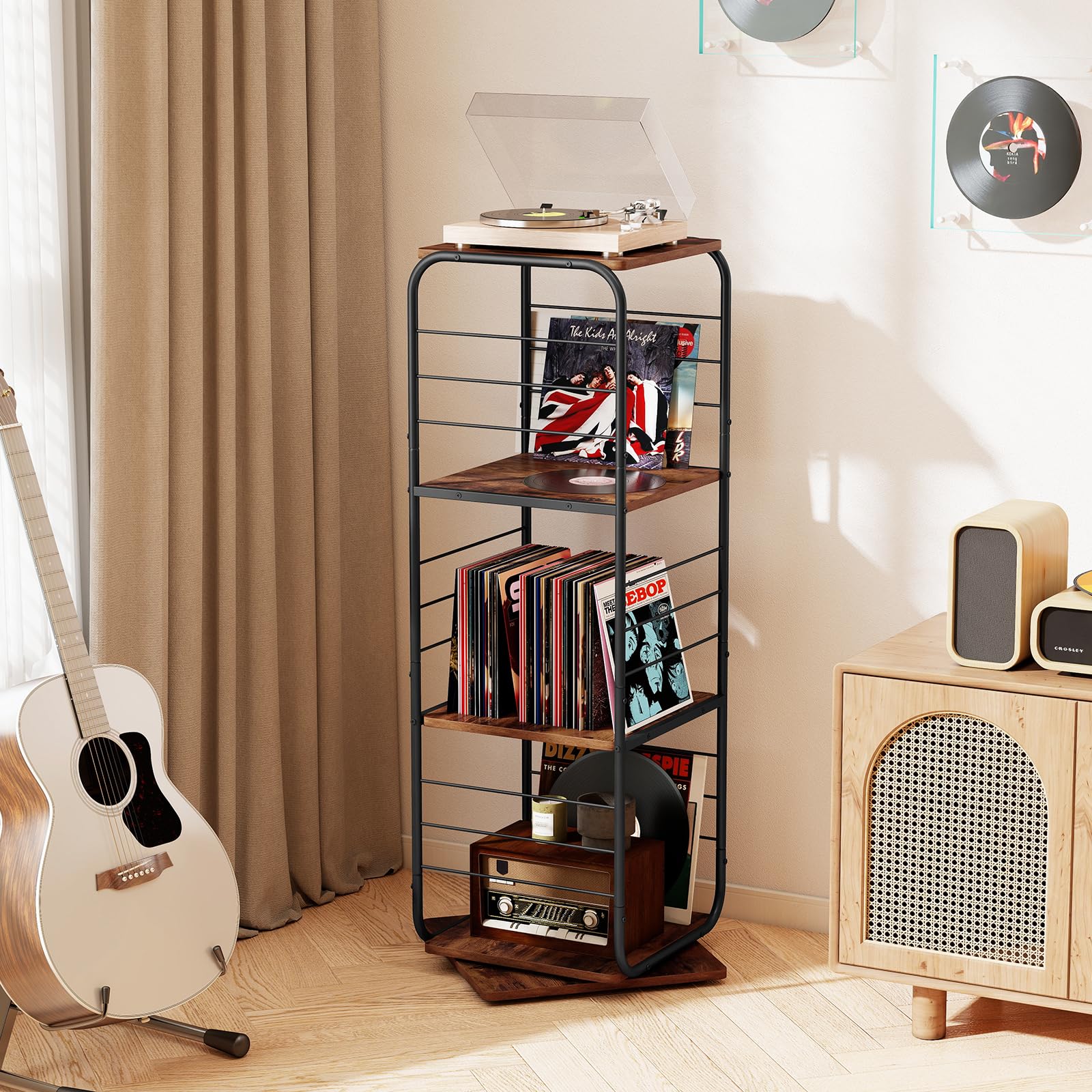 COSTWAY Meuble Rangement Vinyle à 4 Niveaux pour Disques Vinyles, Support Platine Vinyle pour Jusqu’à 210 Albums, Pivotant 360°, Meuble Tourne-Disque Vinyle en Métal, pour Salon (Marron Rustique)