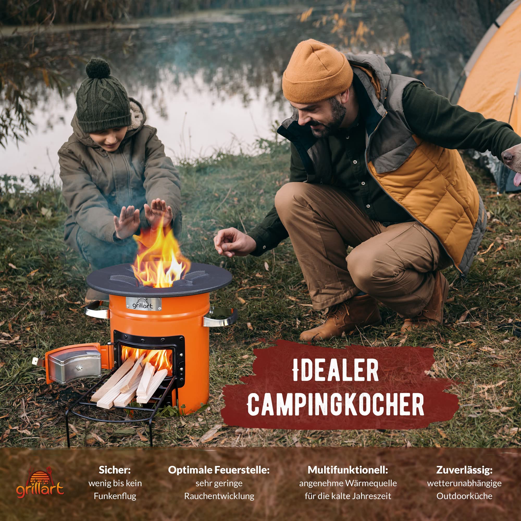 grillart® Outdoor-Raketepfanne "PowerTrain" avec sac de transport - Orange - Four à bois efficace comme réchaud de camping pour dutch oven et poêles à griller