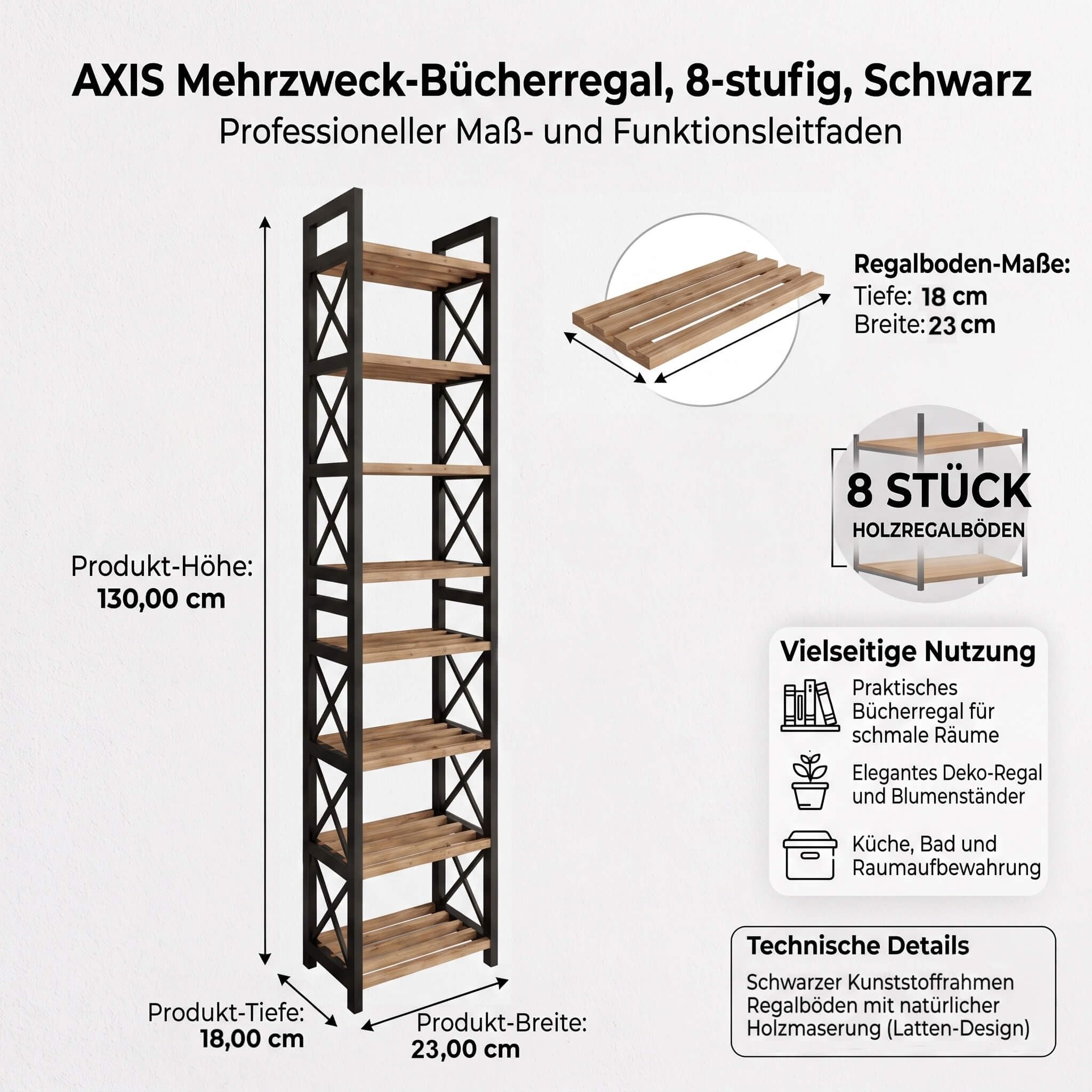 AXIS Mehrzweckregal mit 8 Ebenen Standregal für Wohnzimmer Bad und Küche Schwarzes Aufbewahrungsregal Platzsparend
