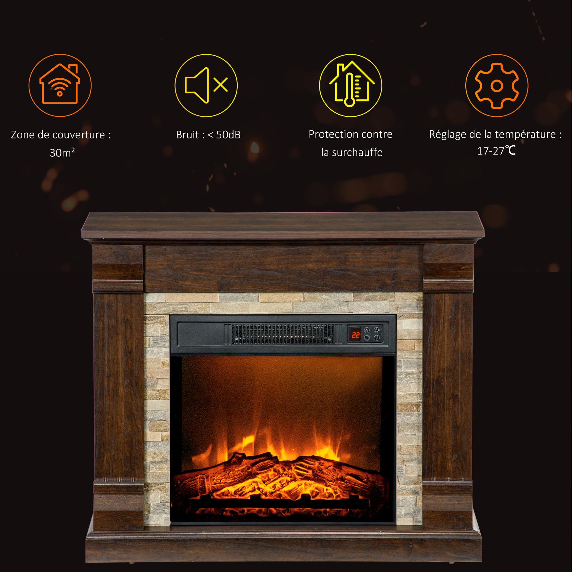 HOMCOM Cheminée Électrique Effet Flamme 1800W 80 x 21,6 x 67,8 cm Marron