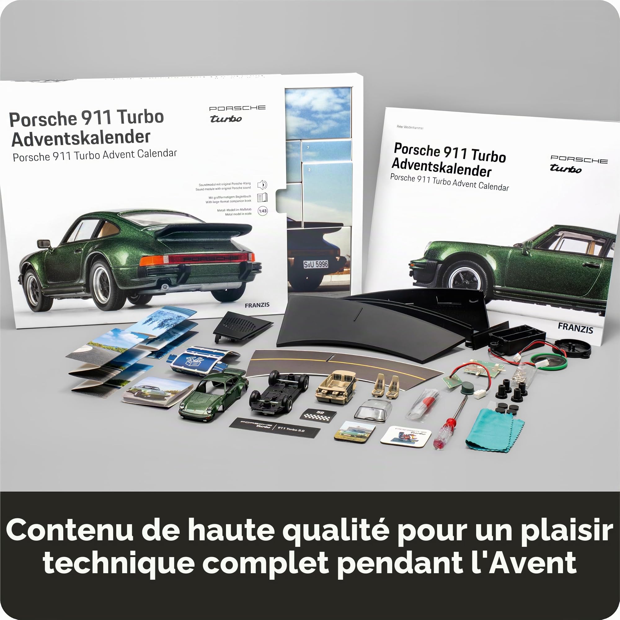 FRANZIS 67233 Porsche 911 Turbo Calendrier de l'Avent – Kit de modélisme à l'échelle 1:43, avec module sonore et livre d'accompagnement de 52 pages