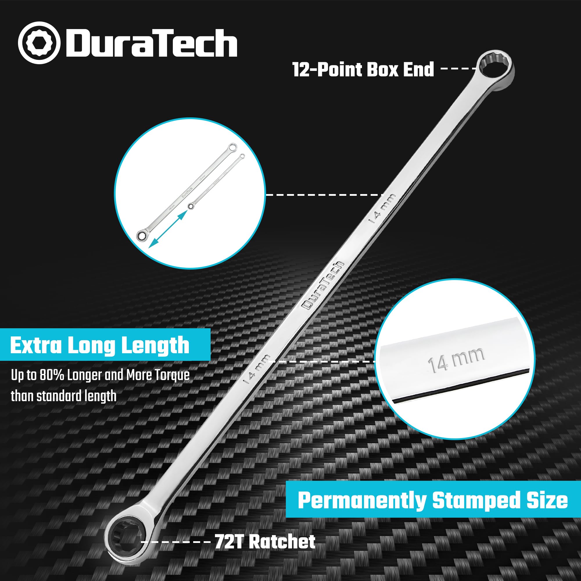 DURATECH 14mm Extra Long Ratcheting Wrench, Metric, CR-V Steel