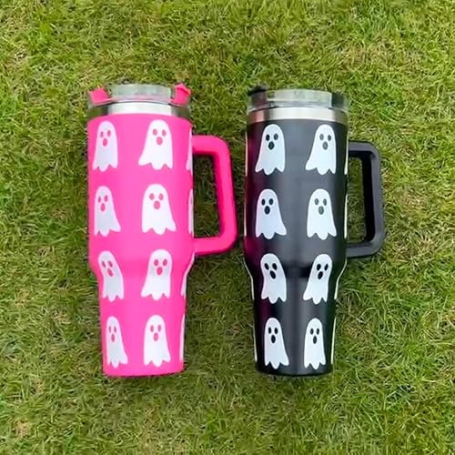 Miniatura 7 de Lashicorn Modern Ghost - Vaso con asa de 40 onzas, con asa, para Halloween, otoño, con tapa y pajilla, color rosa y blanco, rosa intenso