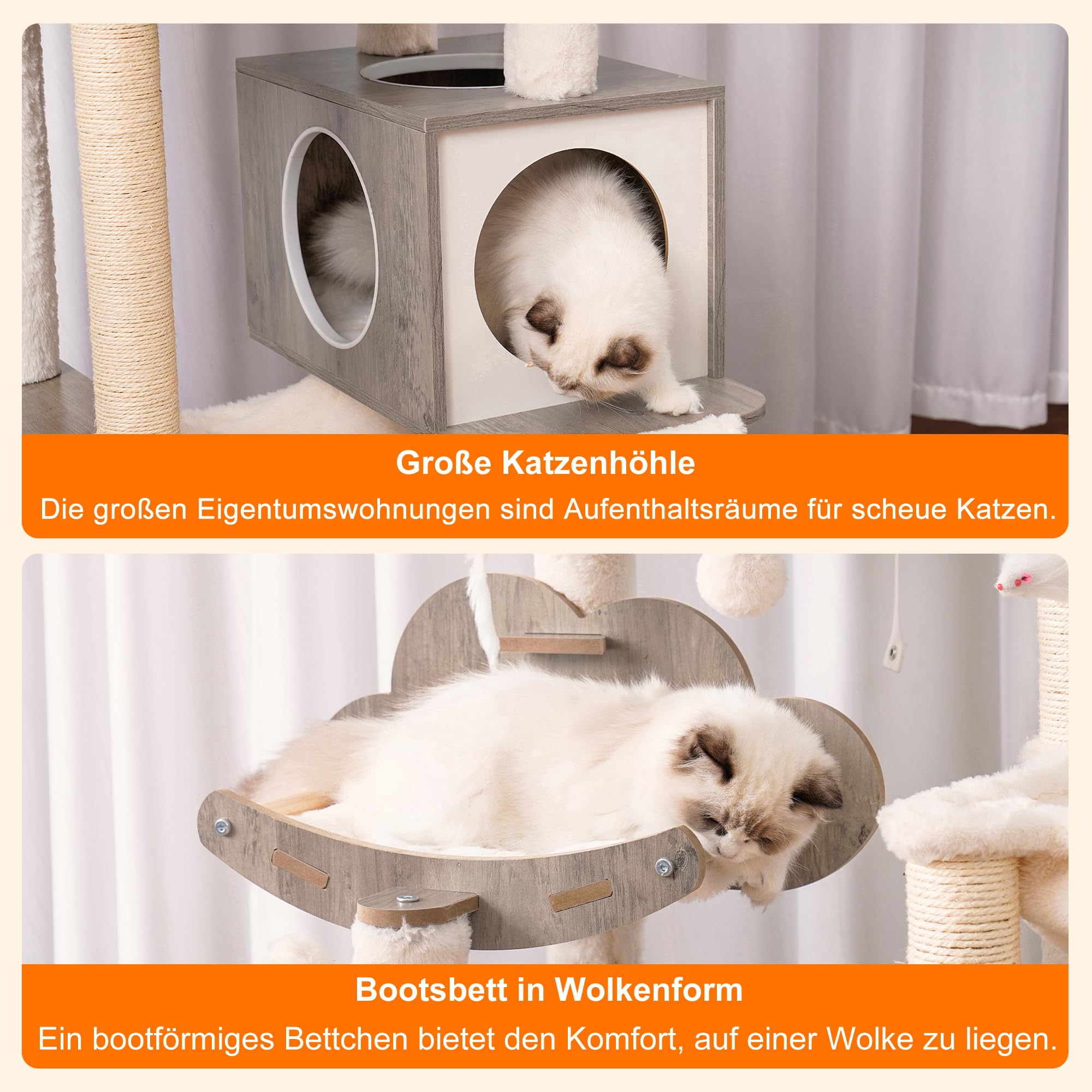 Heybly Holz Kratzbaum, für Indoor-Katzen, Katze Condo für große Katzen mit Selbst Groomer, Moderne Katze Kratzturm mit Korb, Hängematte, baumelnden Ball und Blätter, Rustic Gray HCT120SG