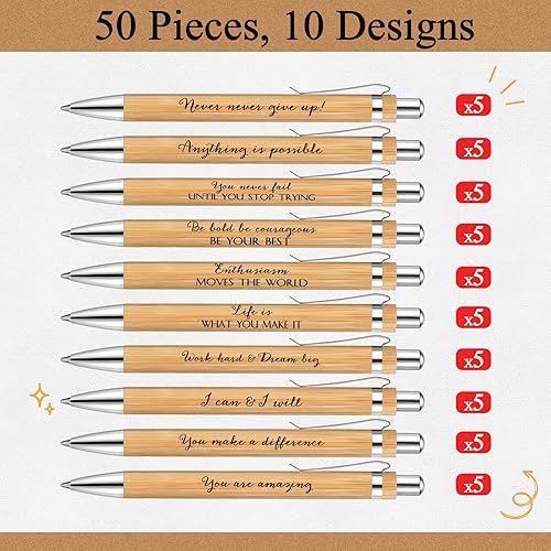 Miniatura 2 de 50 bolígrafos inspiradores de bambú con cita motivacional, bolígrafos inspiradores de madera, tinta negra, bolígrafo retráctil de 0.039in para