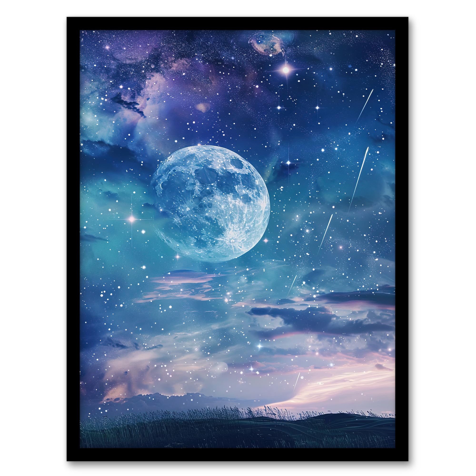 Artery8 Dreamy Full Moon Star Night Sky Surreal Starscape Framed Art Print - Blue A4