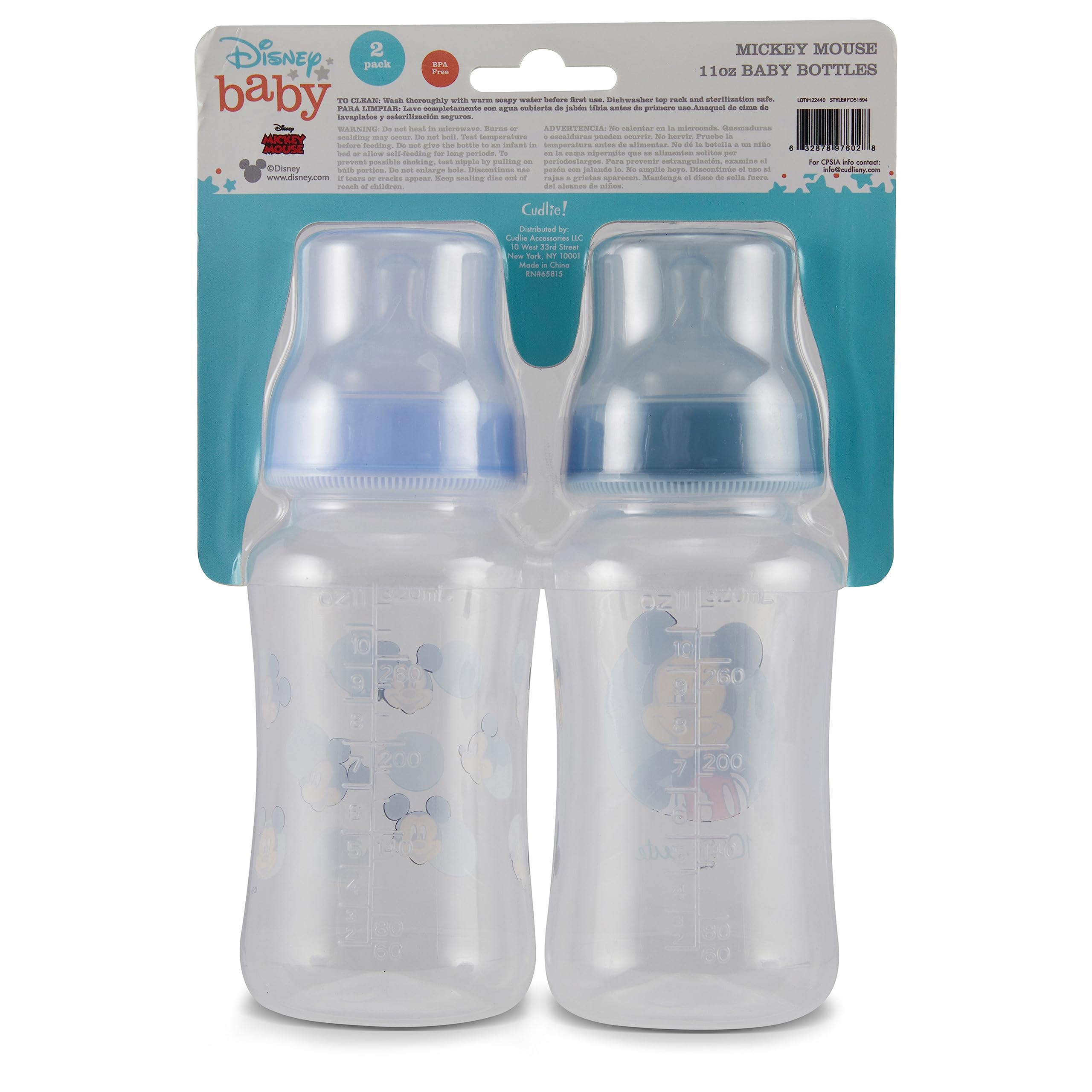Disney Mickey Mouse Babyflaschen, 325 ml, für Jungen und Mädchen, 2 Stück, Sanduhr-förmige Flaschen für Neugeborene und alle Babys, BPA-freie Kunststoffflaschen für Babypartys