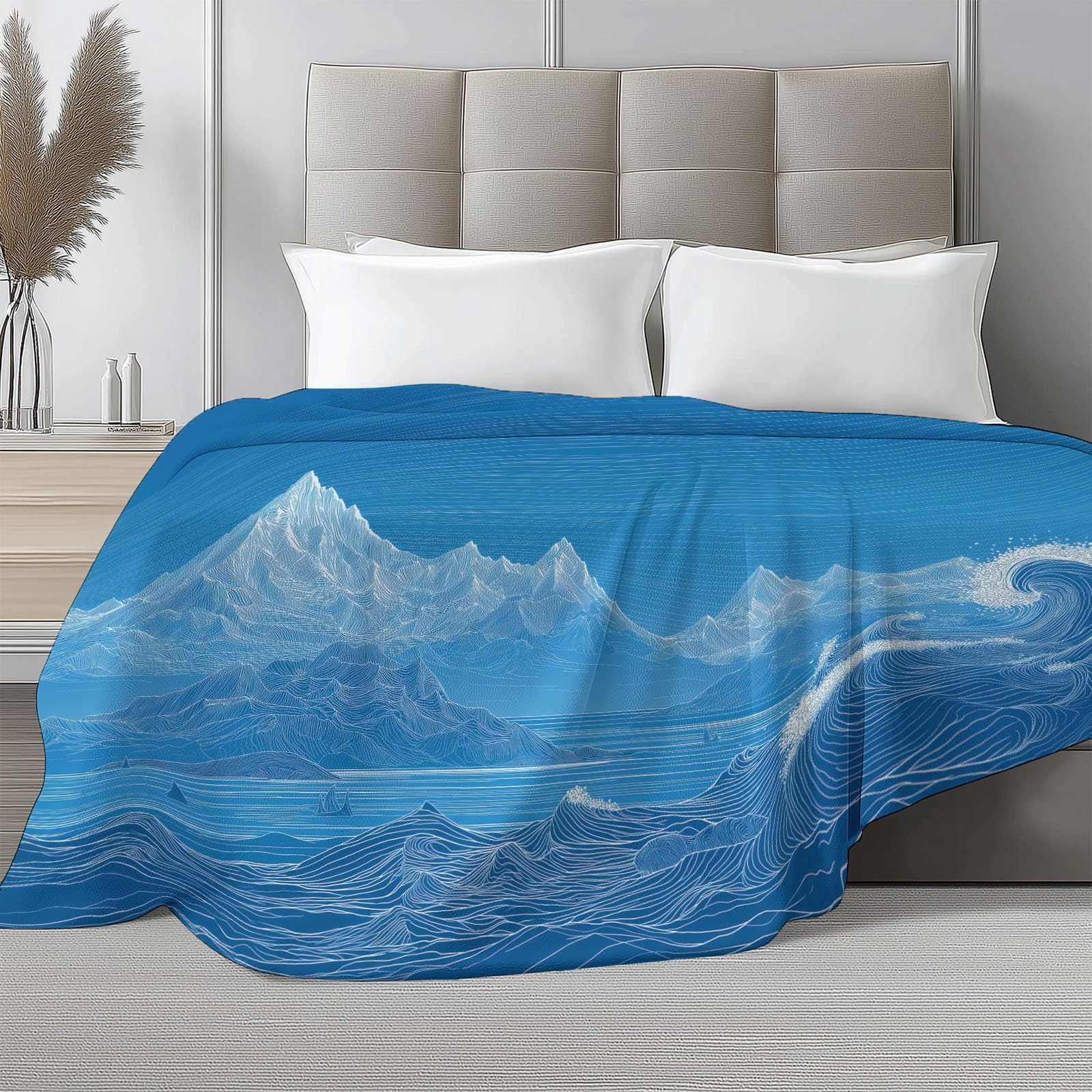 Générique 3D Couverture de Flanelle Polaire Plaid 150 x 200 cm, Couverture Imprimé Motif Abstrait Montagnes Océan Minimalisme eté de Canapé Douillette Bleu Confortable pour Chaise Lit Voyage