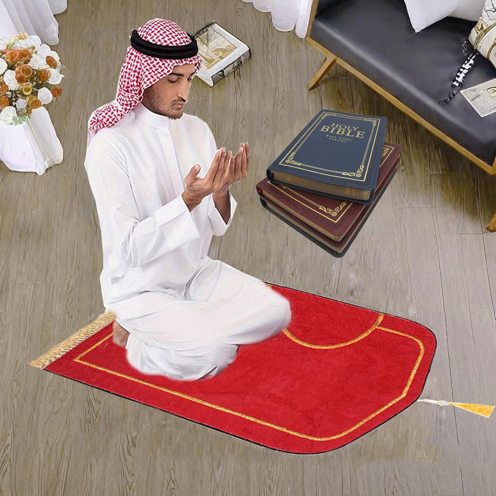 Ensemble de tapis de prière musulmane épais et doux en imitation cachemire pour couples, Ramadan, Aïd, Bayram, cadeau islamique (rouge blanc, 80 x 140 cm)
