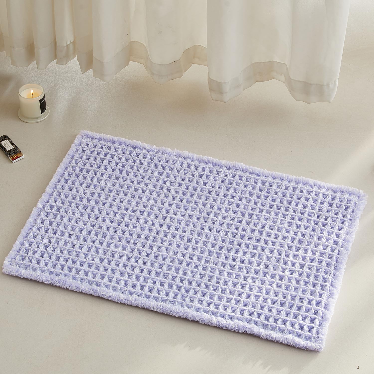 TYUU Waffle Bath Mat, Small Cute Bathroom Rug Non Slip 24x16 Lavender Cream